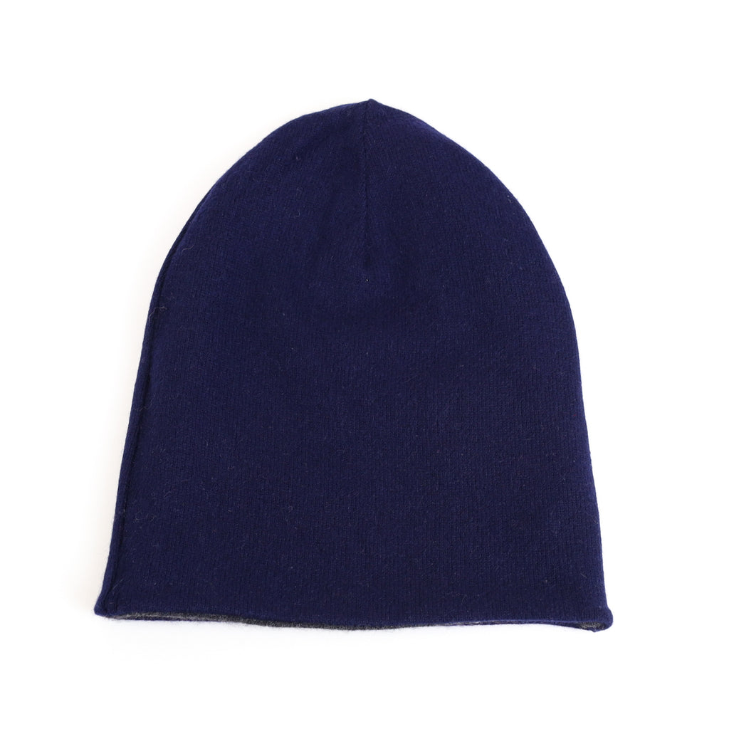 Navy and Charcoal Grey Reversible Cashmere Beanie Hat