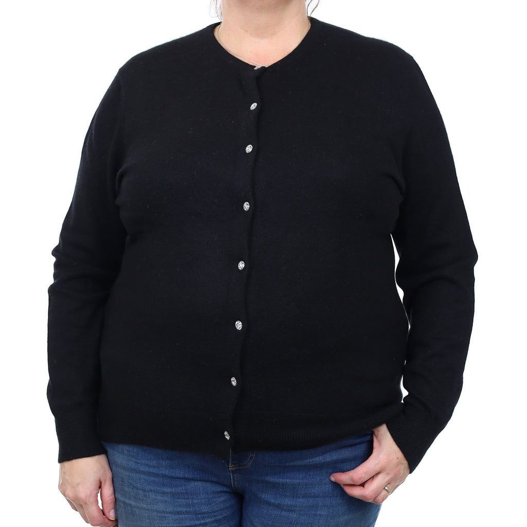 Black Diamanté Button Cashmere Crew Neck Cardigan Extra Large
