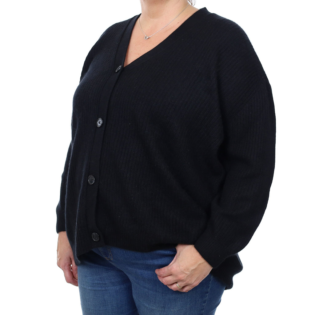 Black Chunky Ribbed Cashmere V Neck Cardigan XL