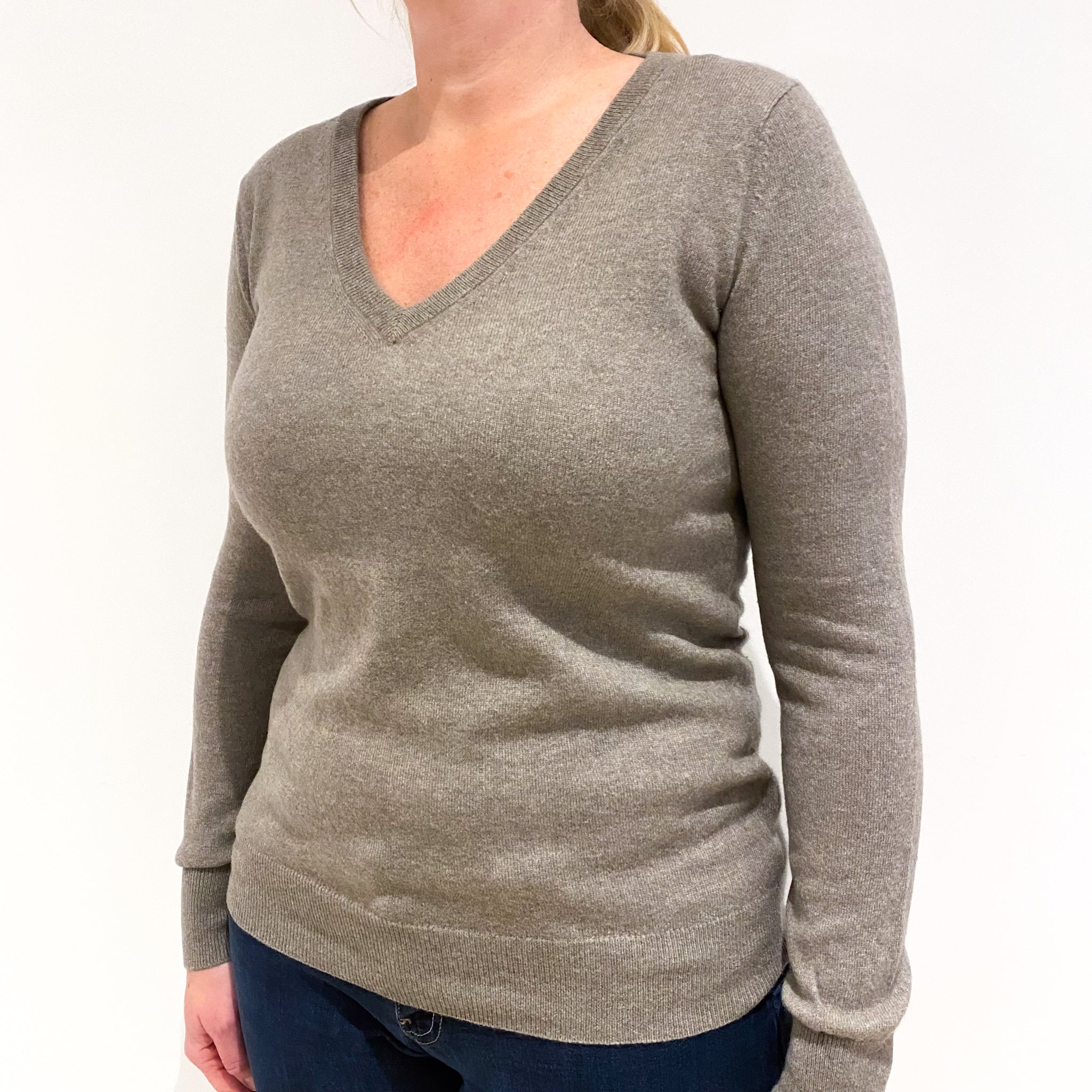 Taupe Brown Cashmere V-Neck Jumper Large