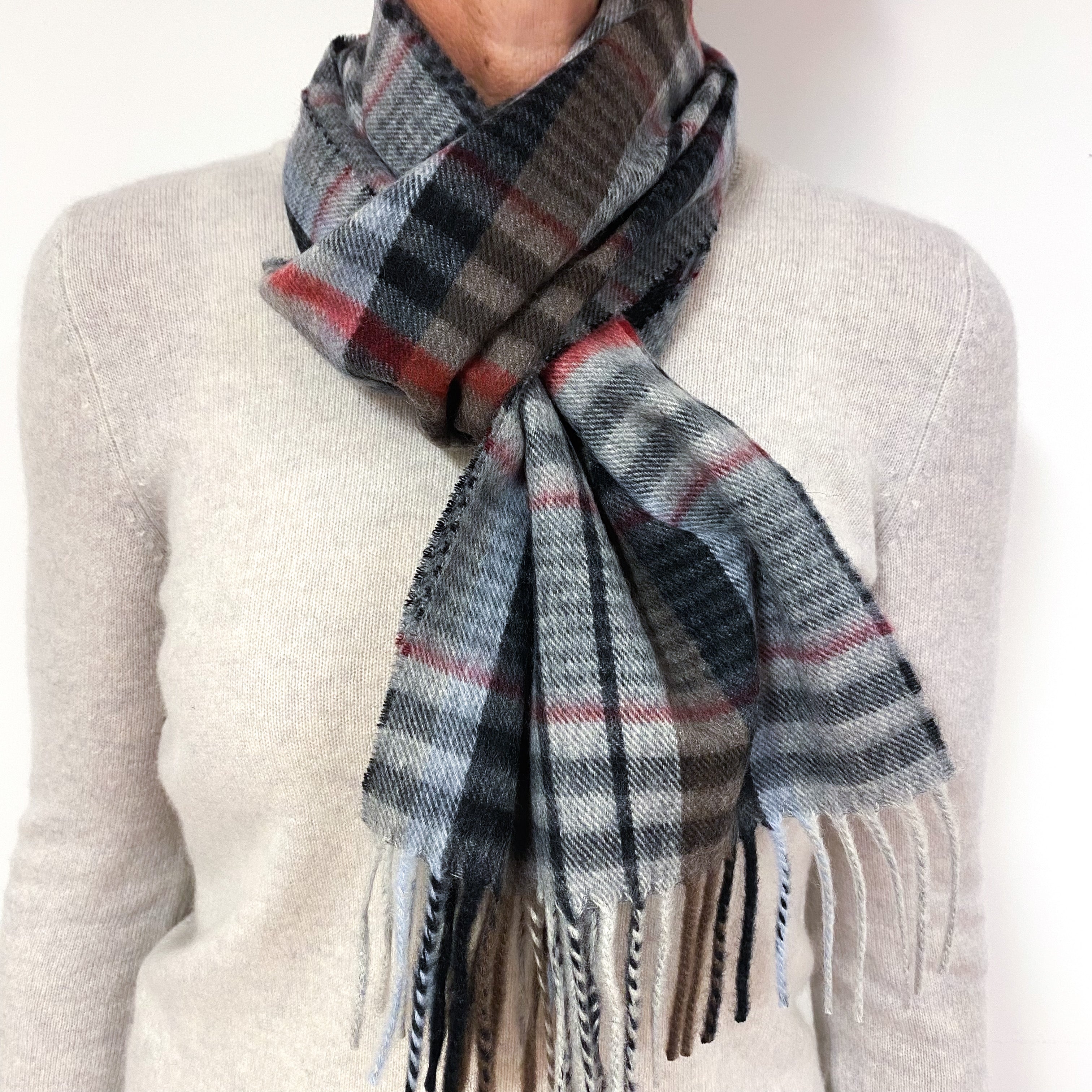 Red, Black and Grey Tartan Cashmere Fringed Woven Scarf