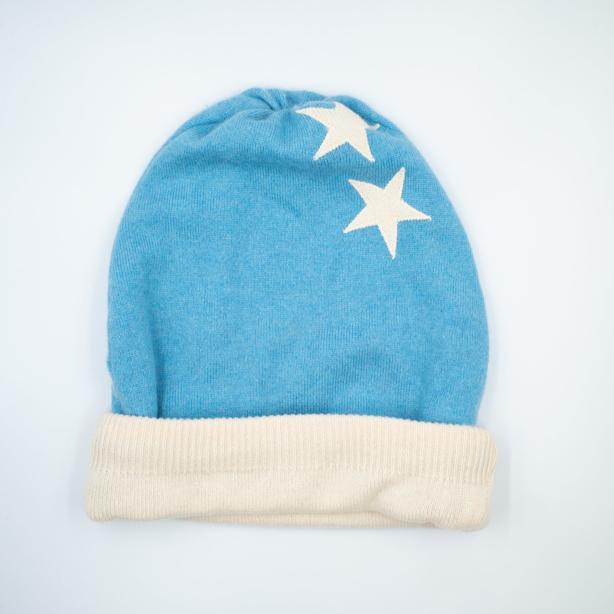 Sea Blue and Ivory Reversible Slouchy Beanie Hat