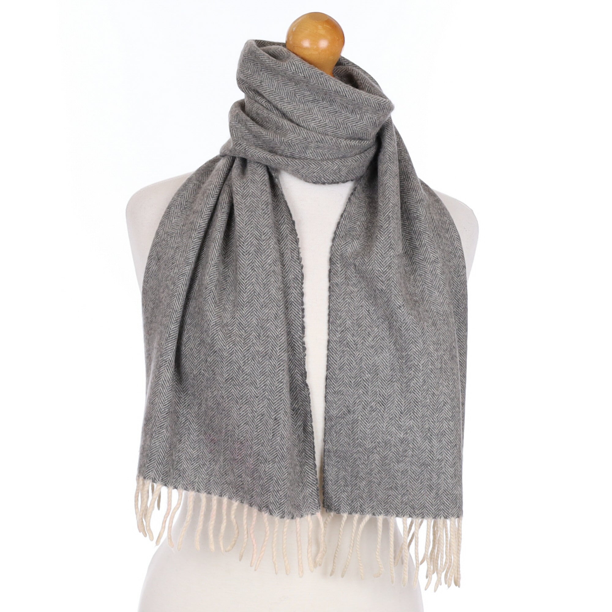 Ash Grey Herringbone Cashmere Tasselled Woven Scarf