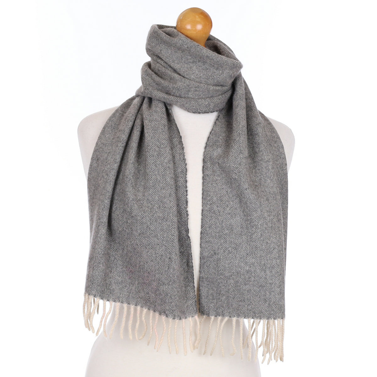 Ash Grey Herringbone Cashmere Tasselled Woven Scarf
