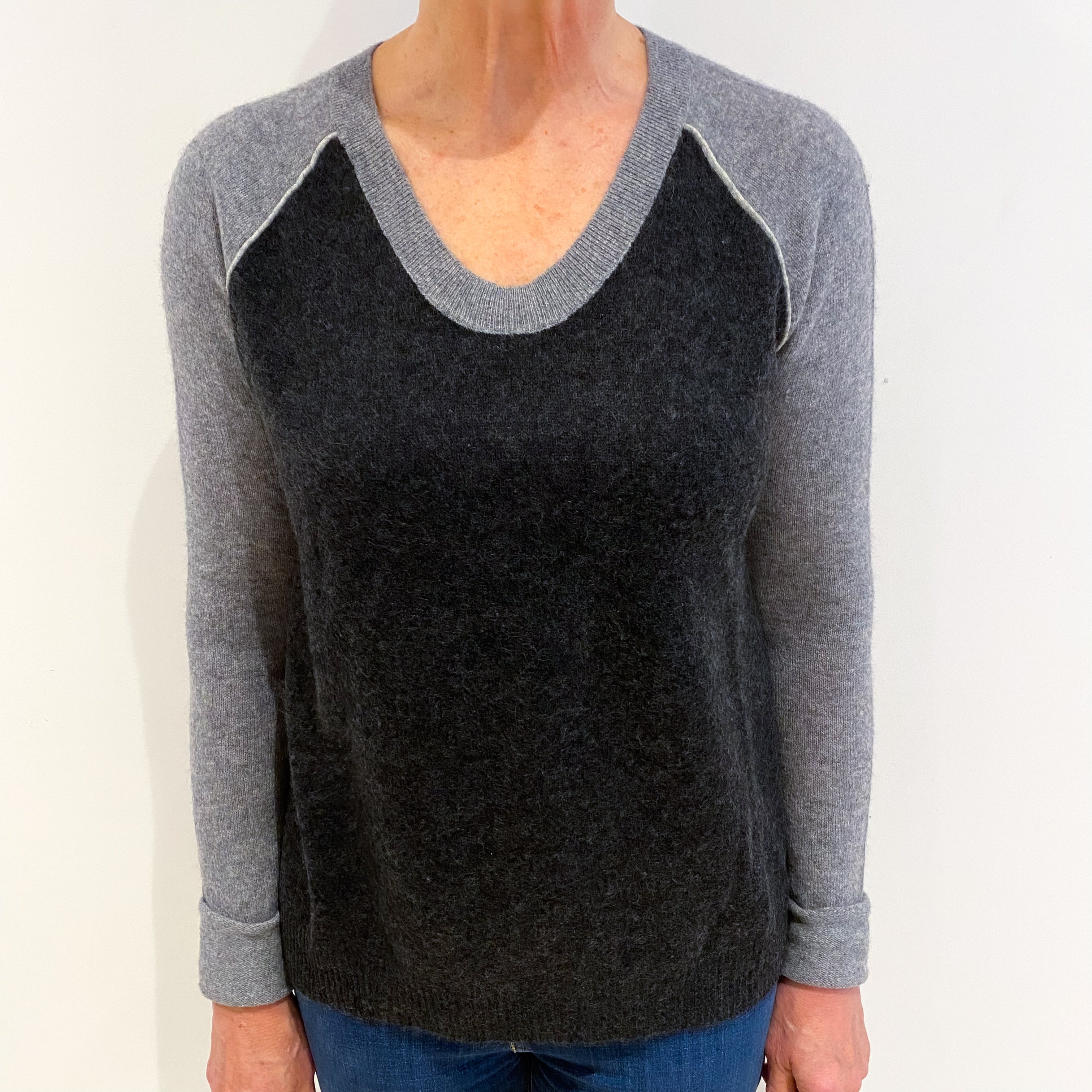 Charcoal And Ash Grey Cashmere V Neck Jumper Medium