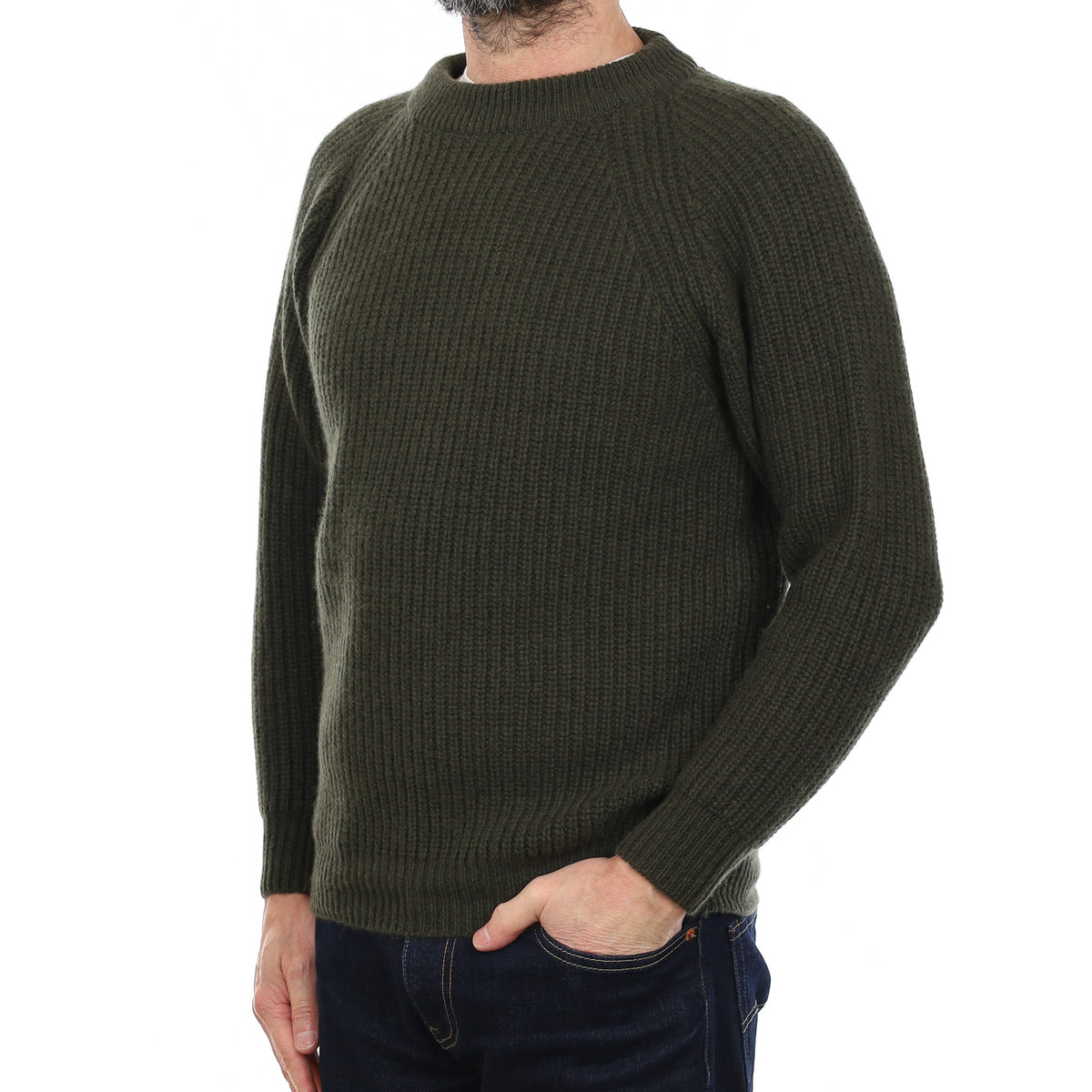 Men's Brand New Scottish Deep Khaki Chunky Cashmere Crew Neck Jumper Small