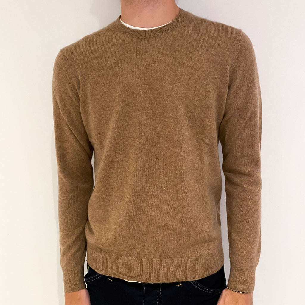 Men's Camel Brown Cashmere Crew Neck Jumper Medium