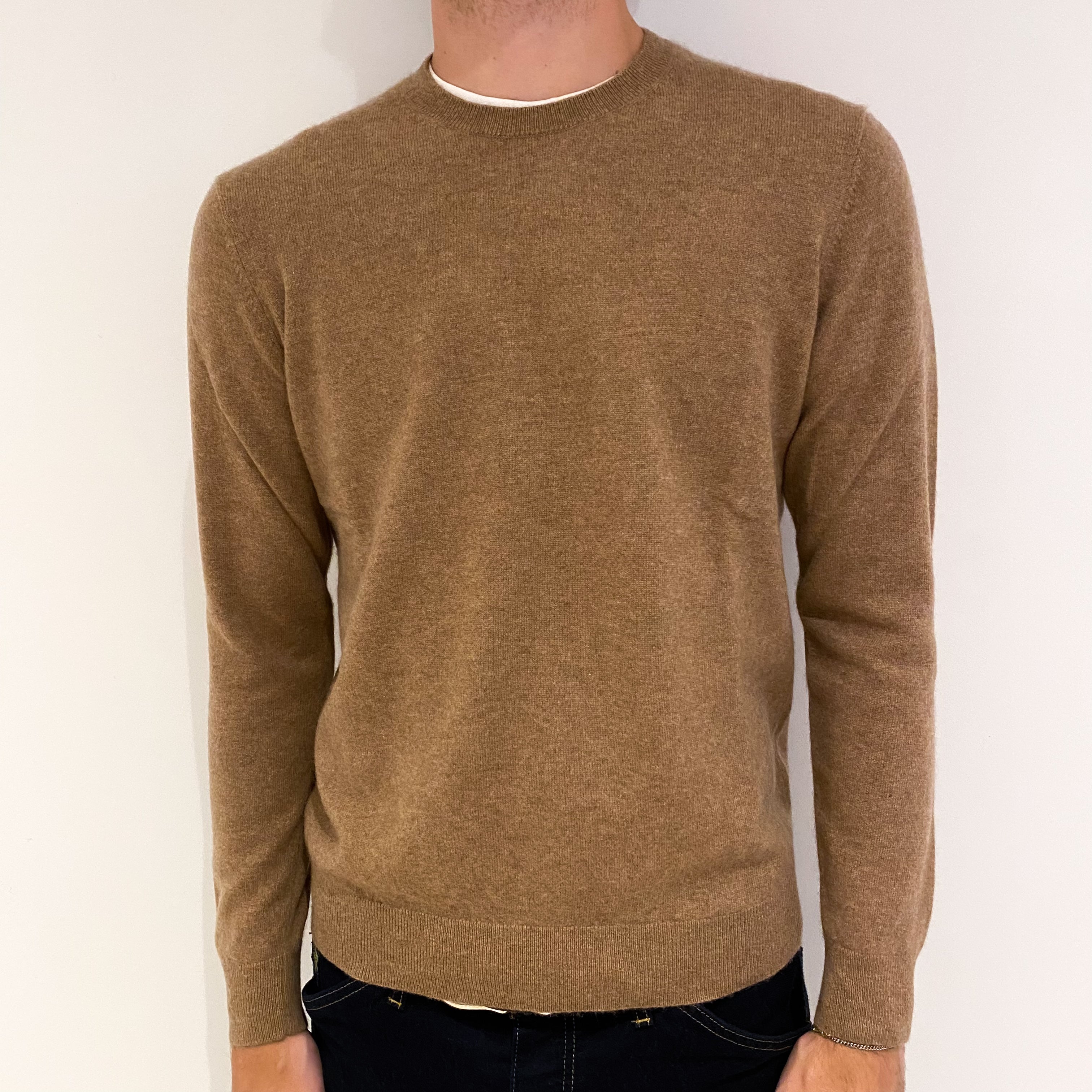 Men's Camel Brown Cashmere Crew Neck Jumper Medium
