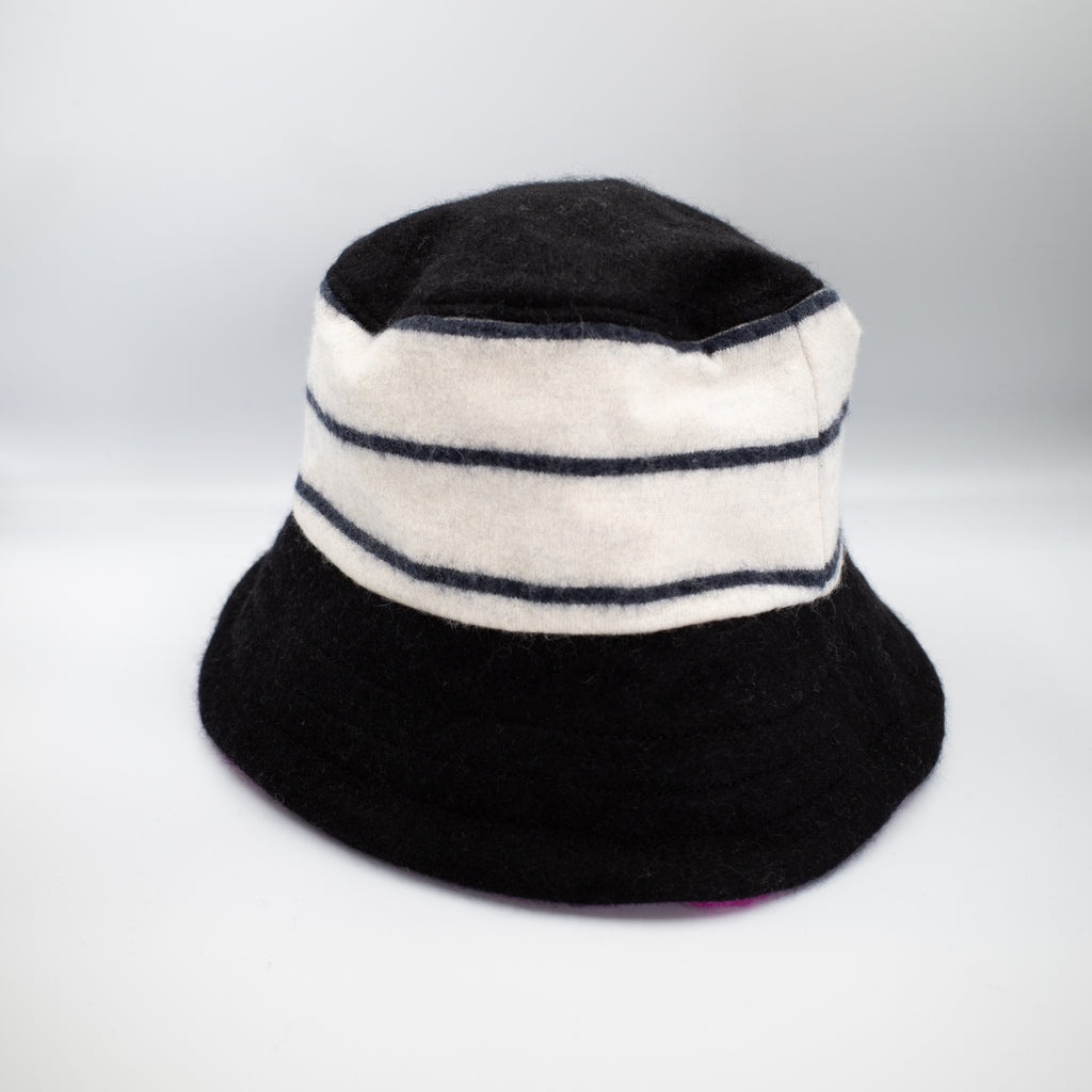 Black and White Striped Reversible Cashmere Bucket Hat Large