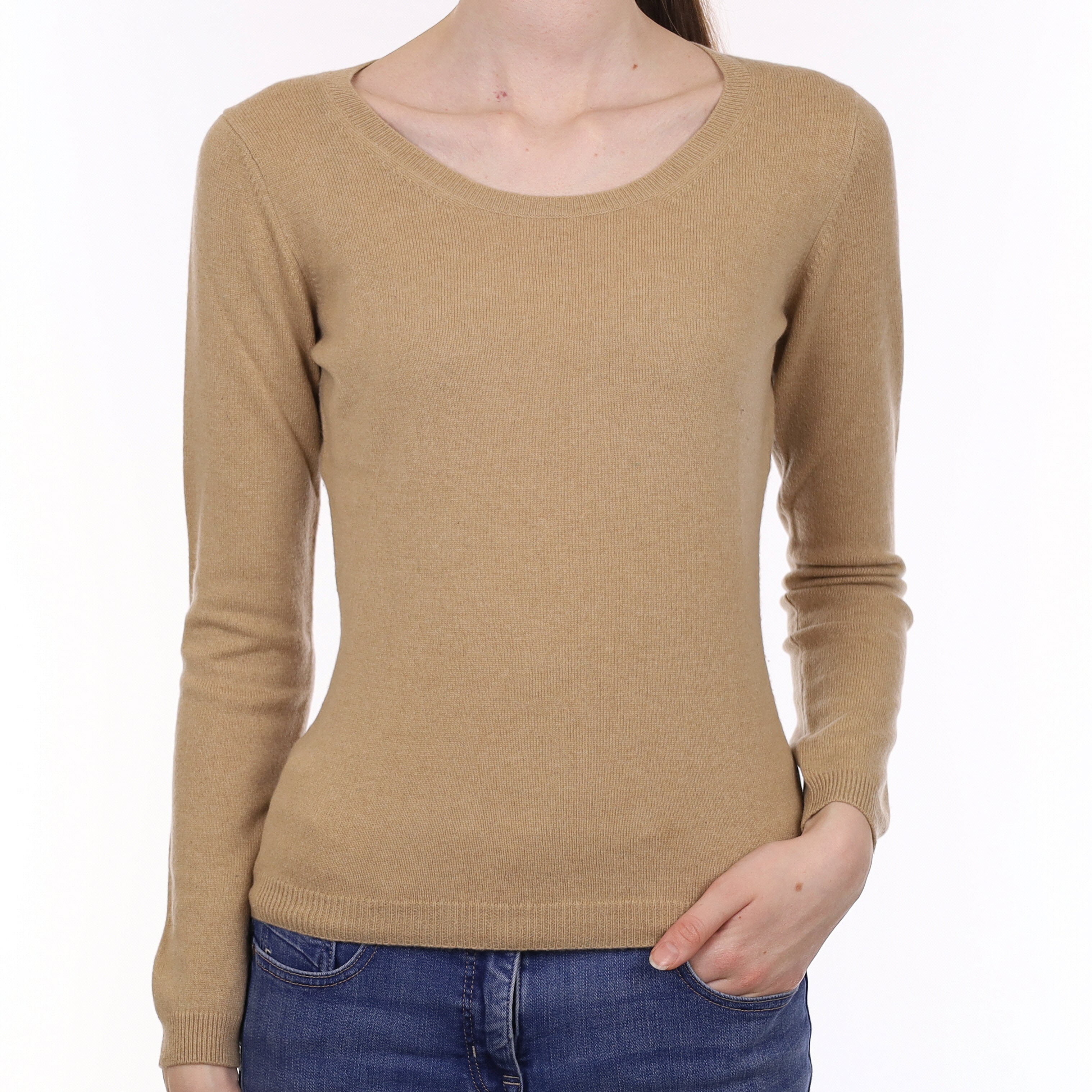 Camel Brown Cashmere Crew Neck Jumper Extra Small