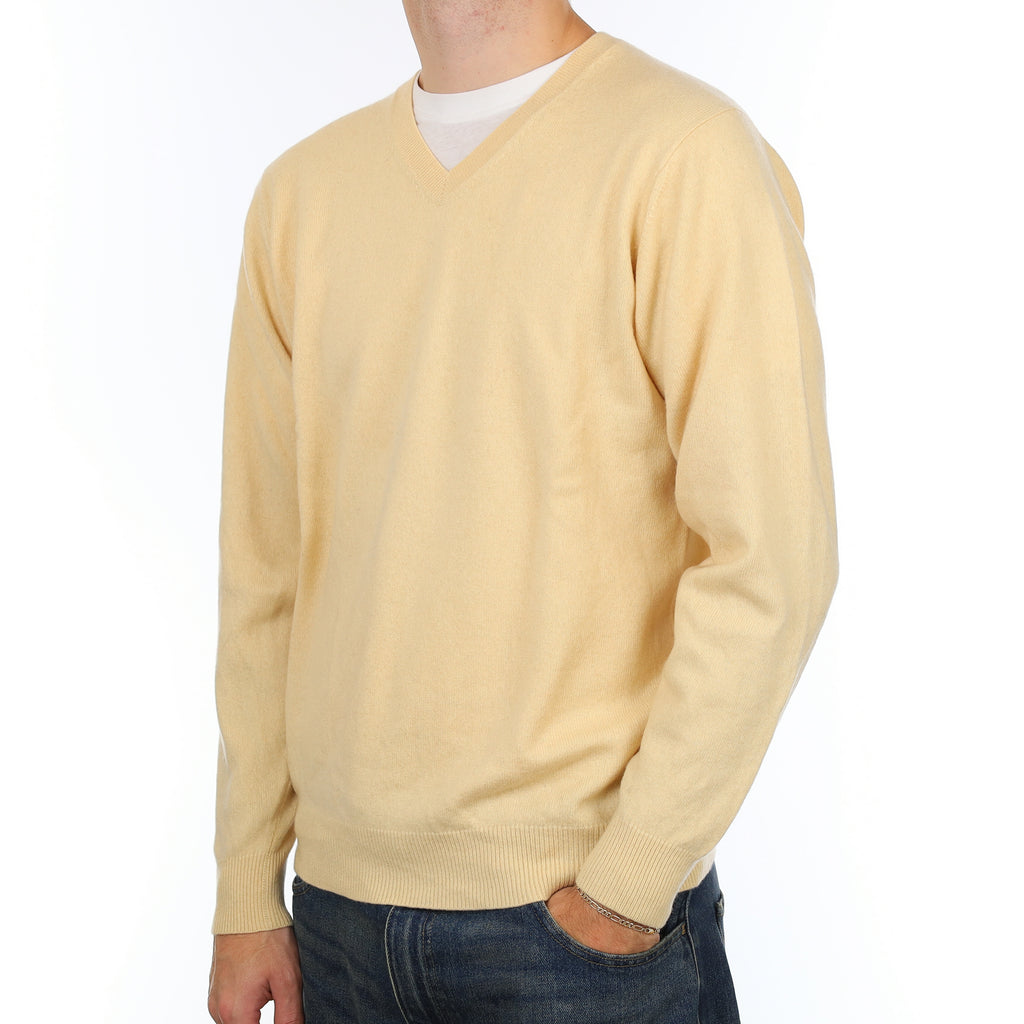 Men’s Buttermilk Cashmere V Neck Jumper Large