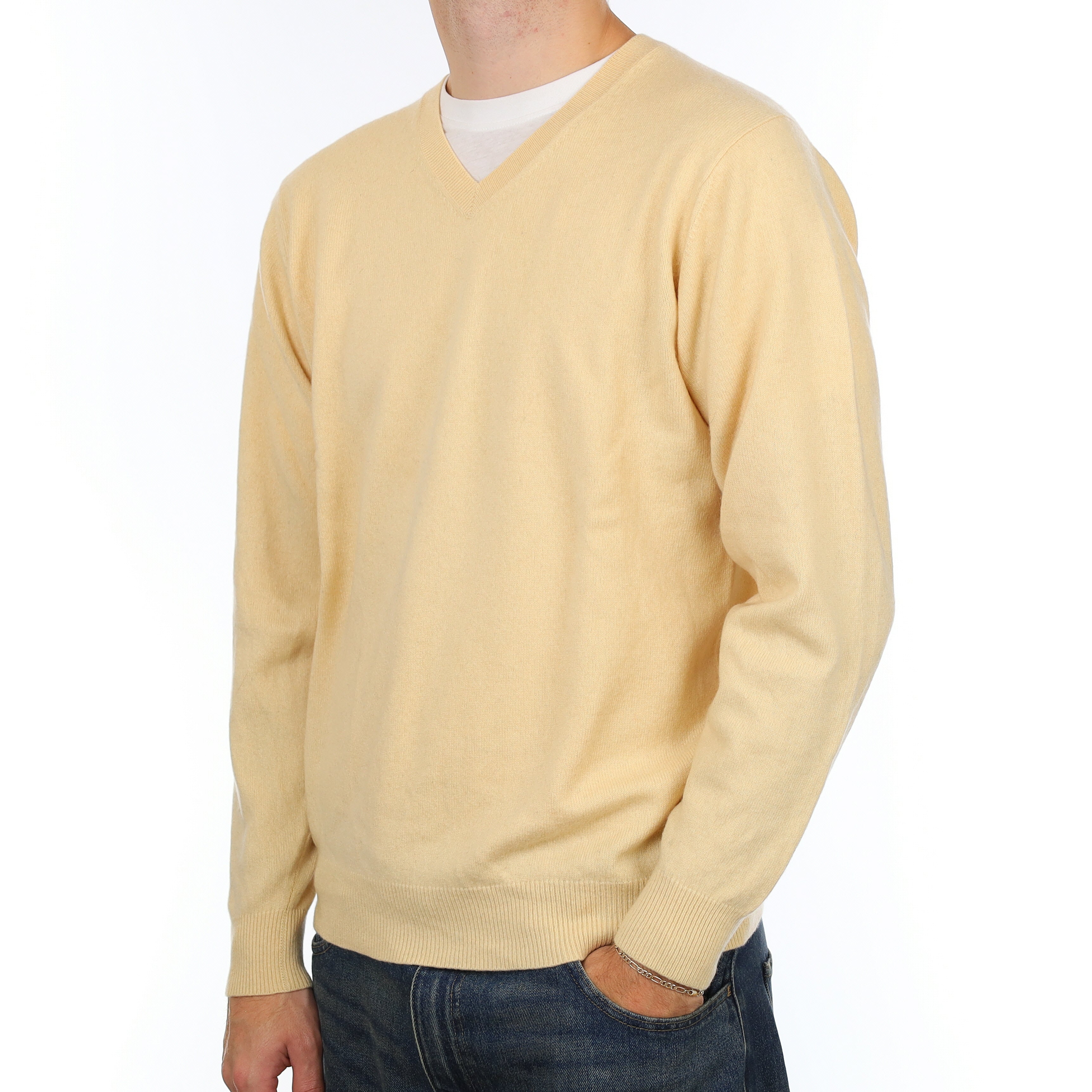 Men’s Buttermilk Cashmere V Neck Jumper Large