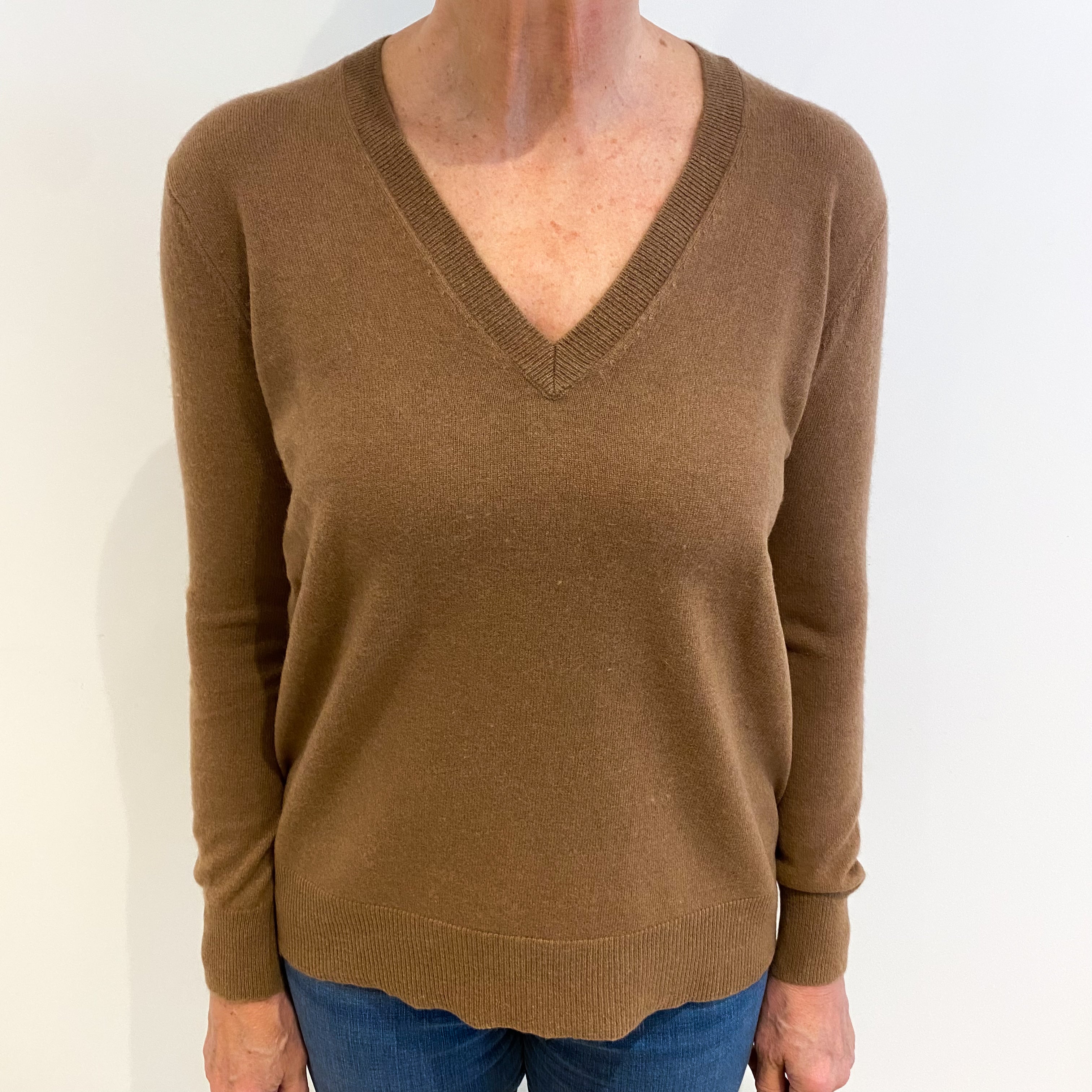 Camel Brown Cashmere V Neck Jumper Medium