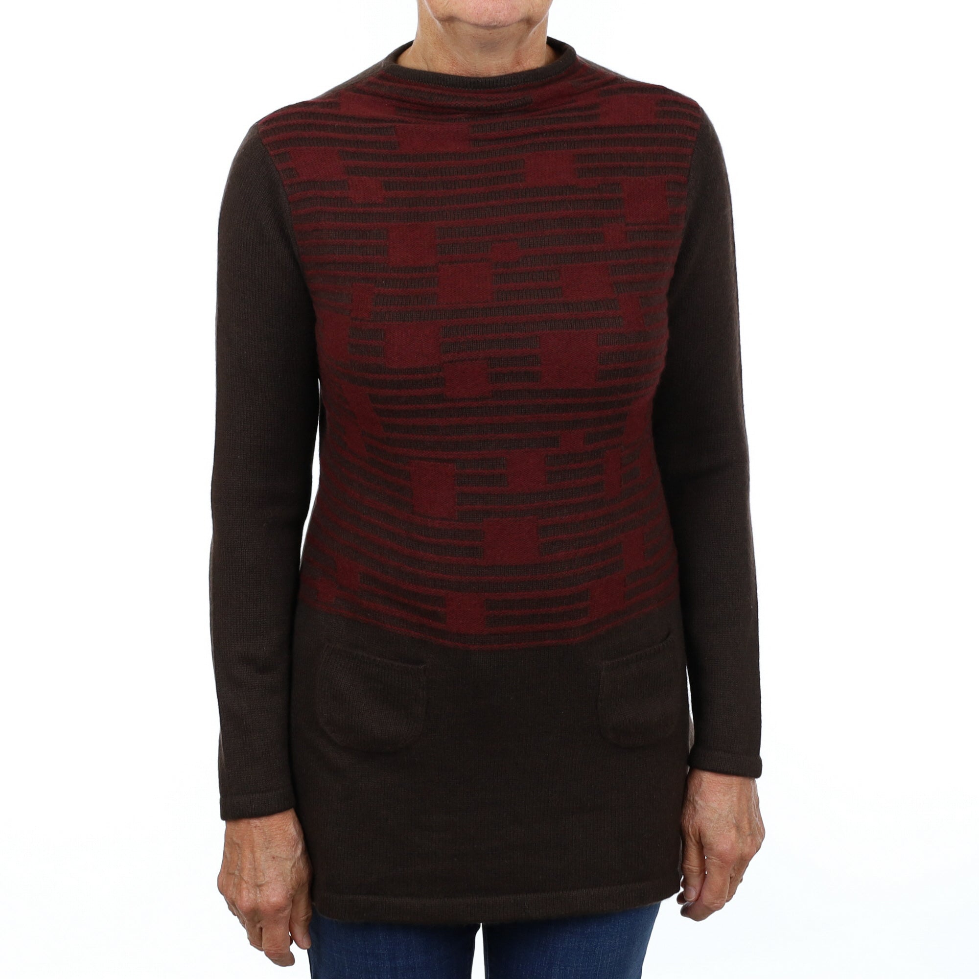Mulberry and Chocolate Cashmere Chunky Funnel Neck Tunic Medium