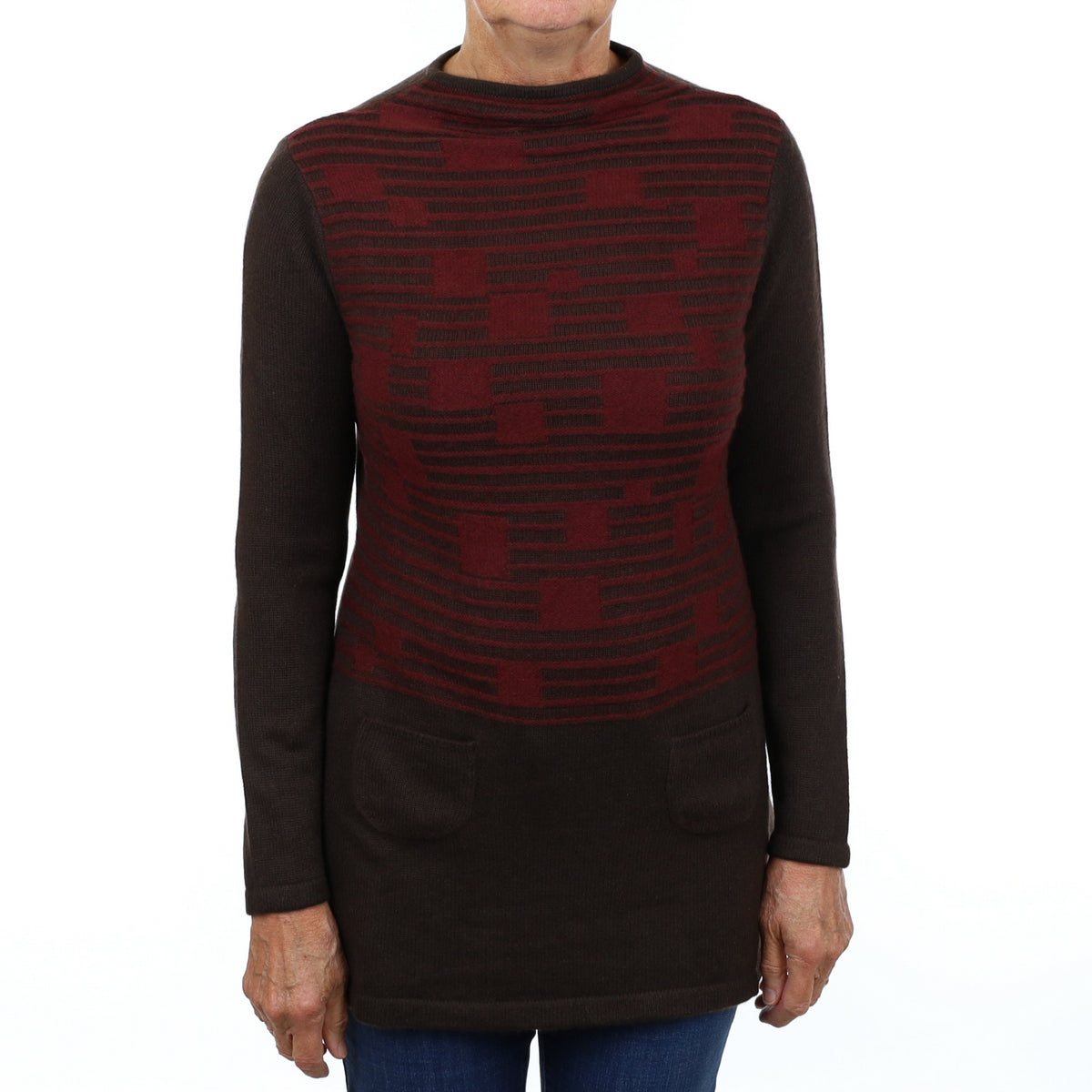 Mulberry and Chocolate Cashmere Chunky Funnel Neck Tunic Medium
