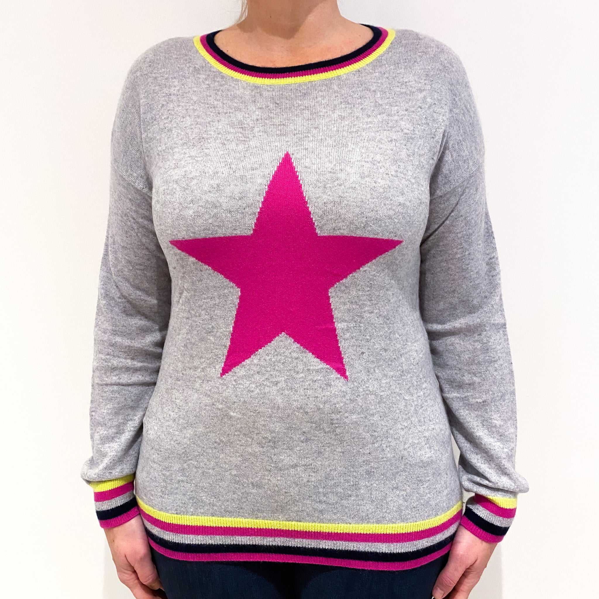 Smoke Grey Star Design Cashmere Crew Neck Jumper Large