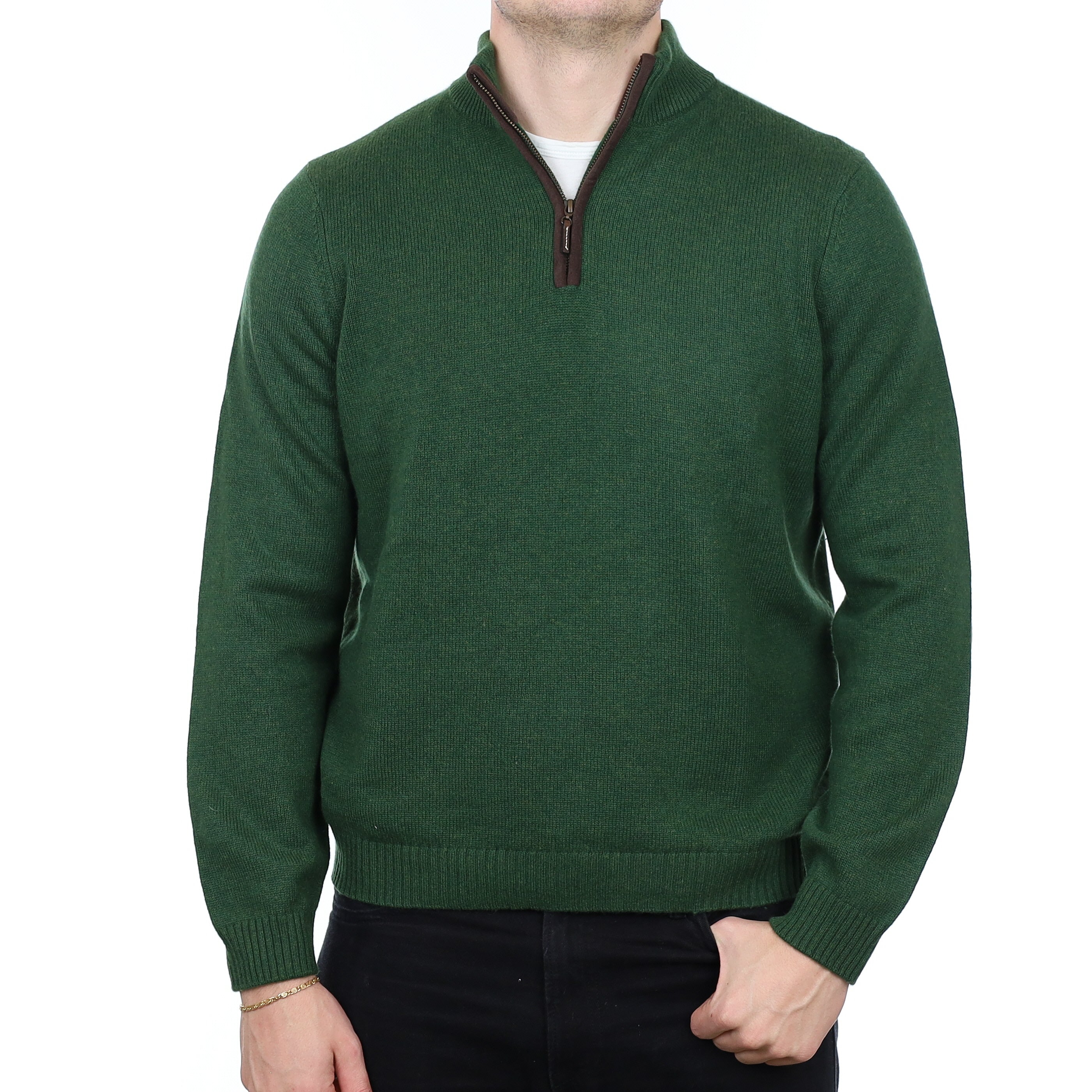 Men’s Moss Green Heavy Knit Cashmere 1/4 Zip Jumper XL
