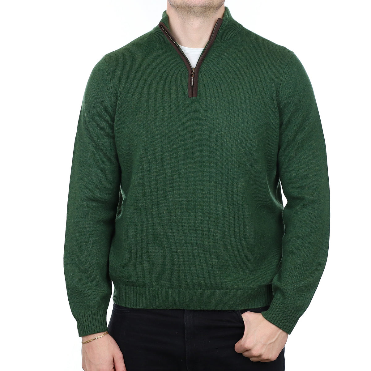 Men’s Moss Green Heavy Knit Cashmere 1/4 Zip Jumper XL