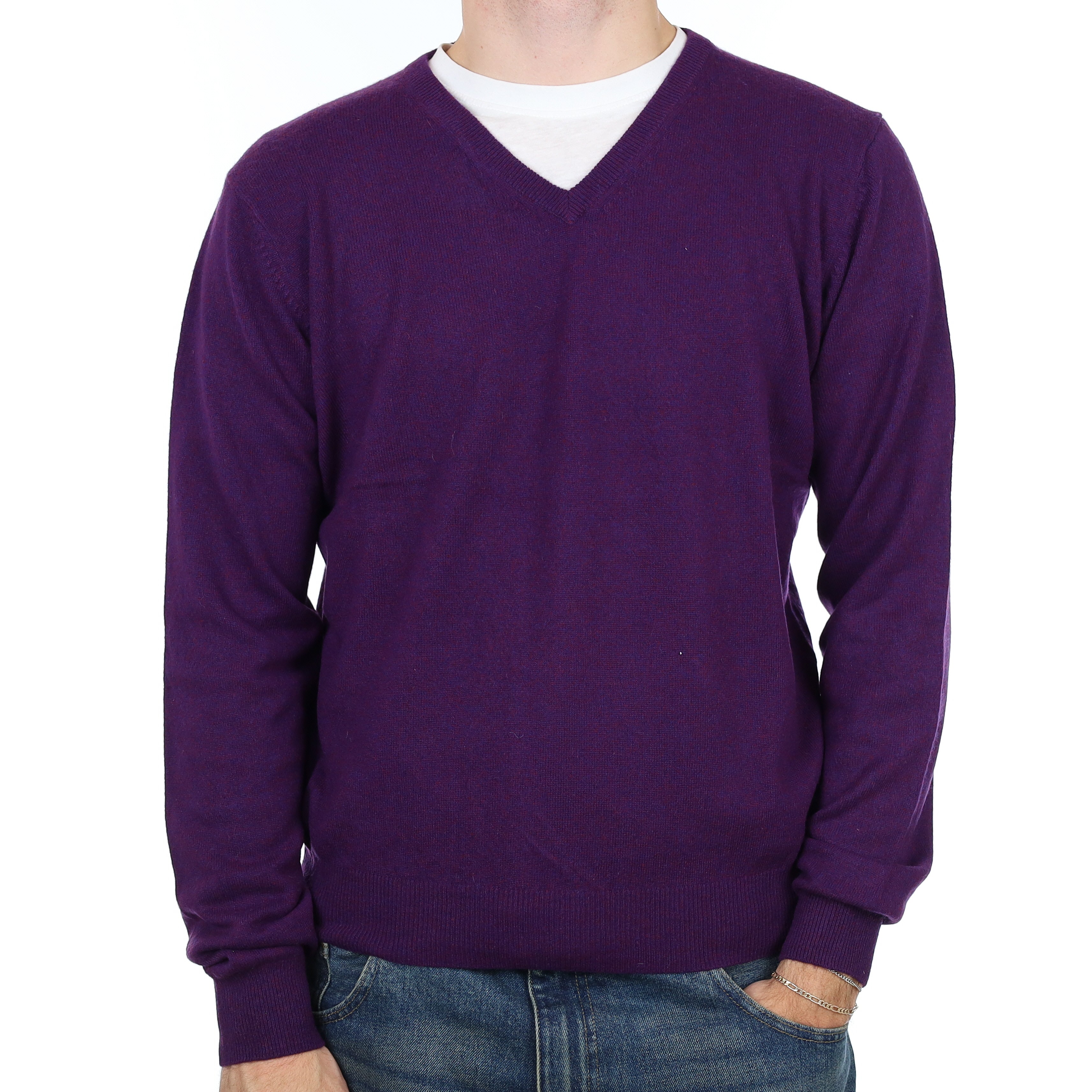 Men’s Purple Marl Cashmere V Neck Jumper Large