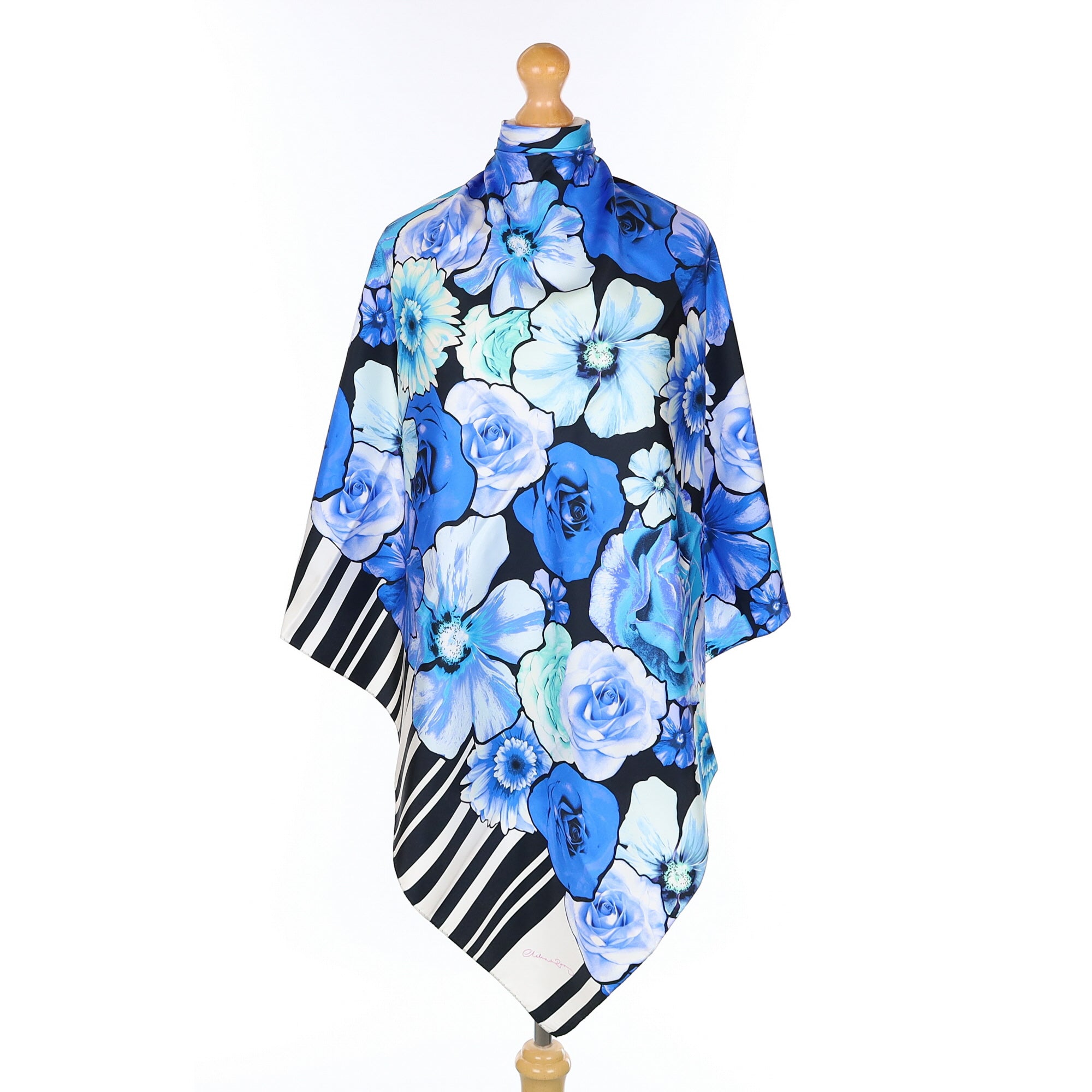 Clelia & Romy Blue And Black Floral Silk Scarf