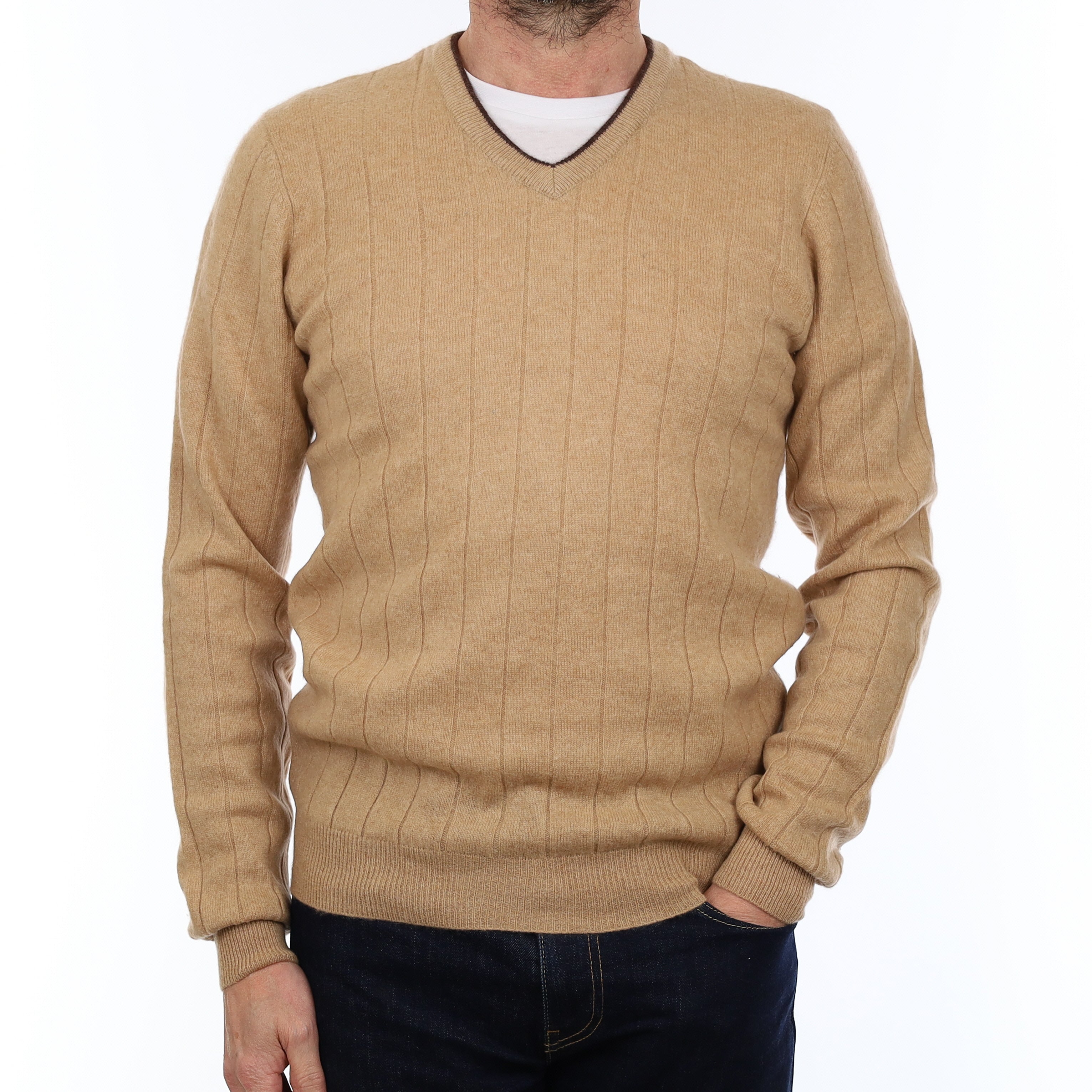 Men's Caramel Rib Cashmere V Neck Jumper Small