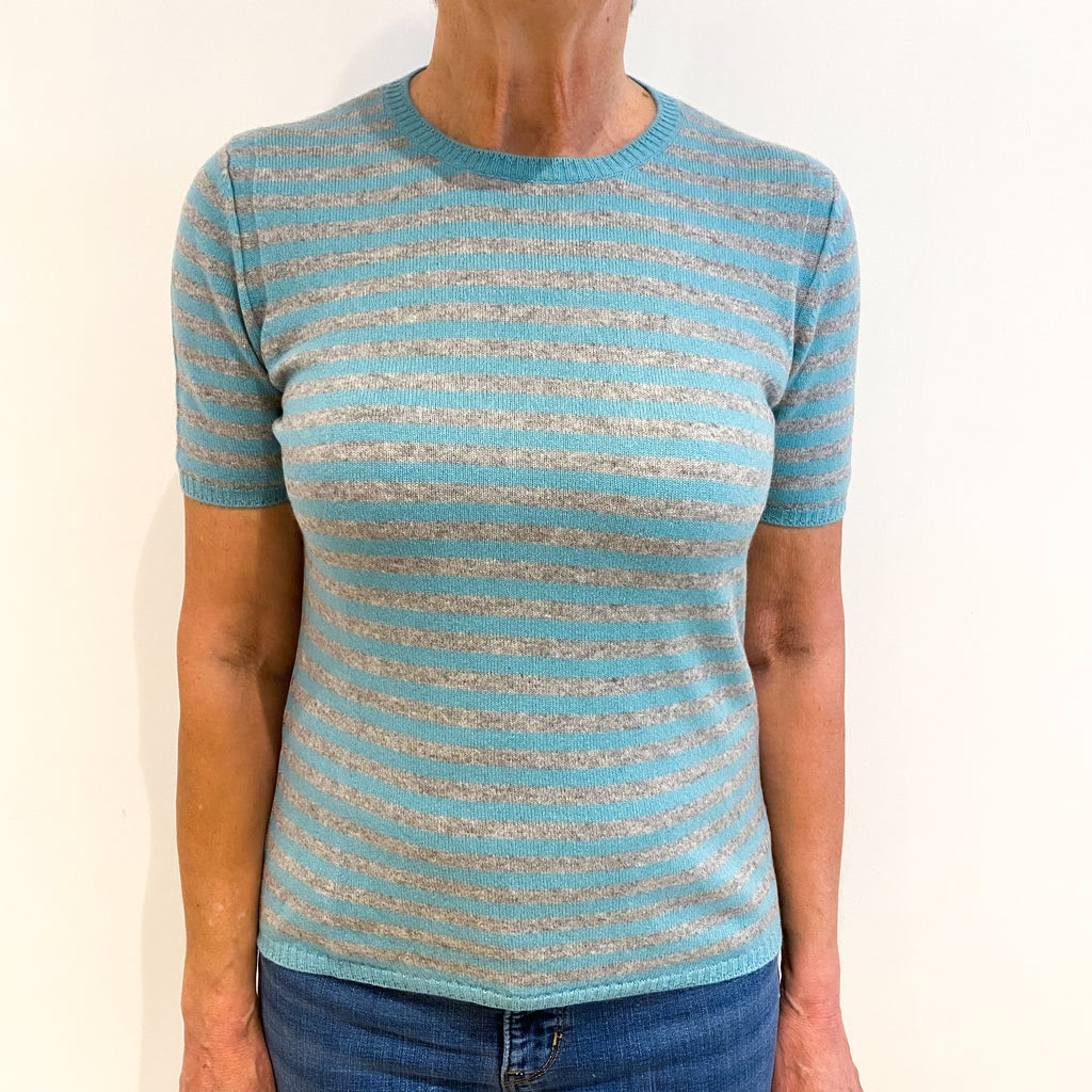 Aqua Grey Stripe Cashmere Short Sleeve Crew Neck Jumper Medium