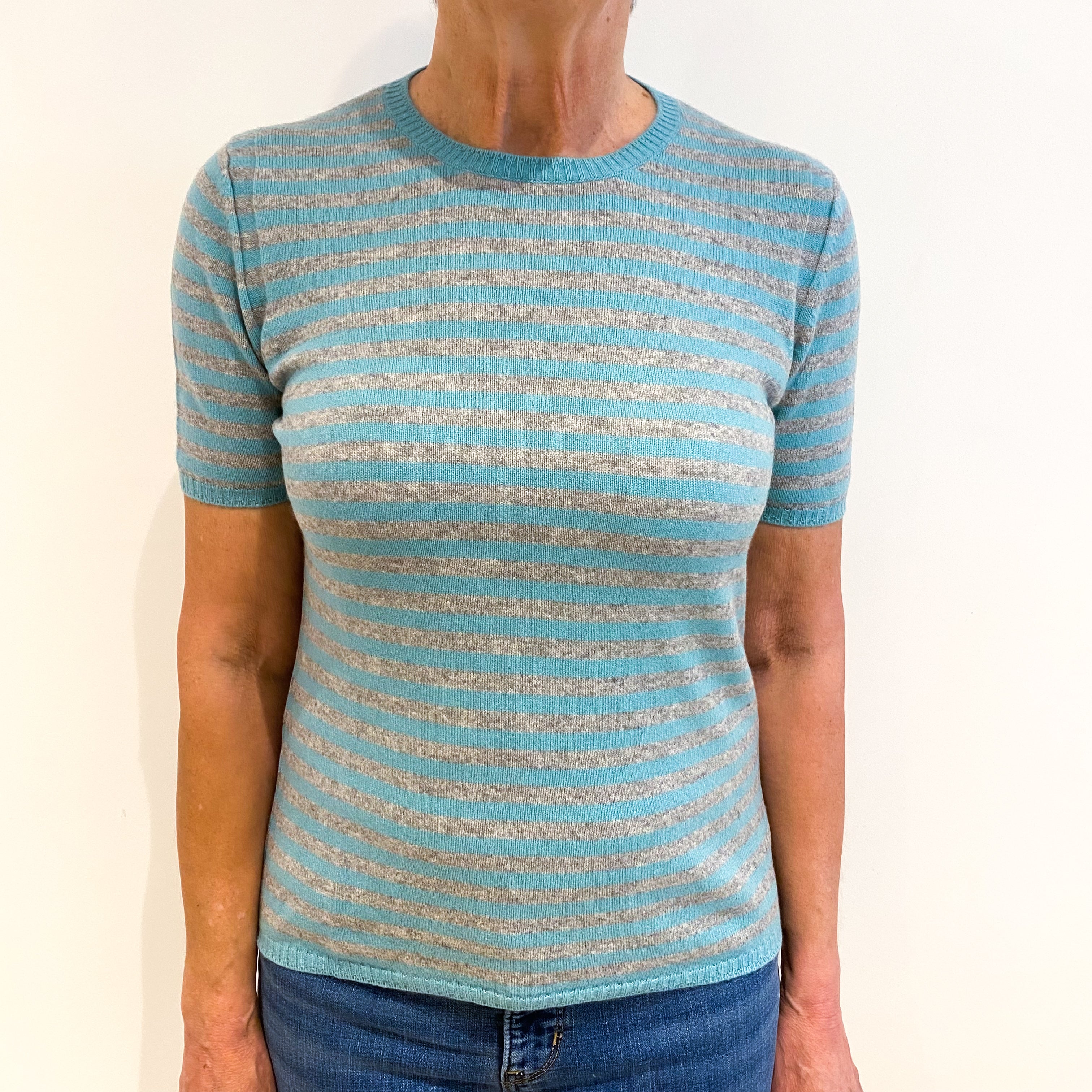 Aqua Grey Stripe Cashmere Short Sleeve Crew Neck Jumper Medium