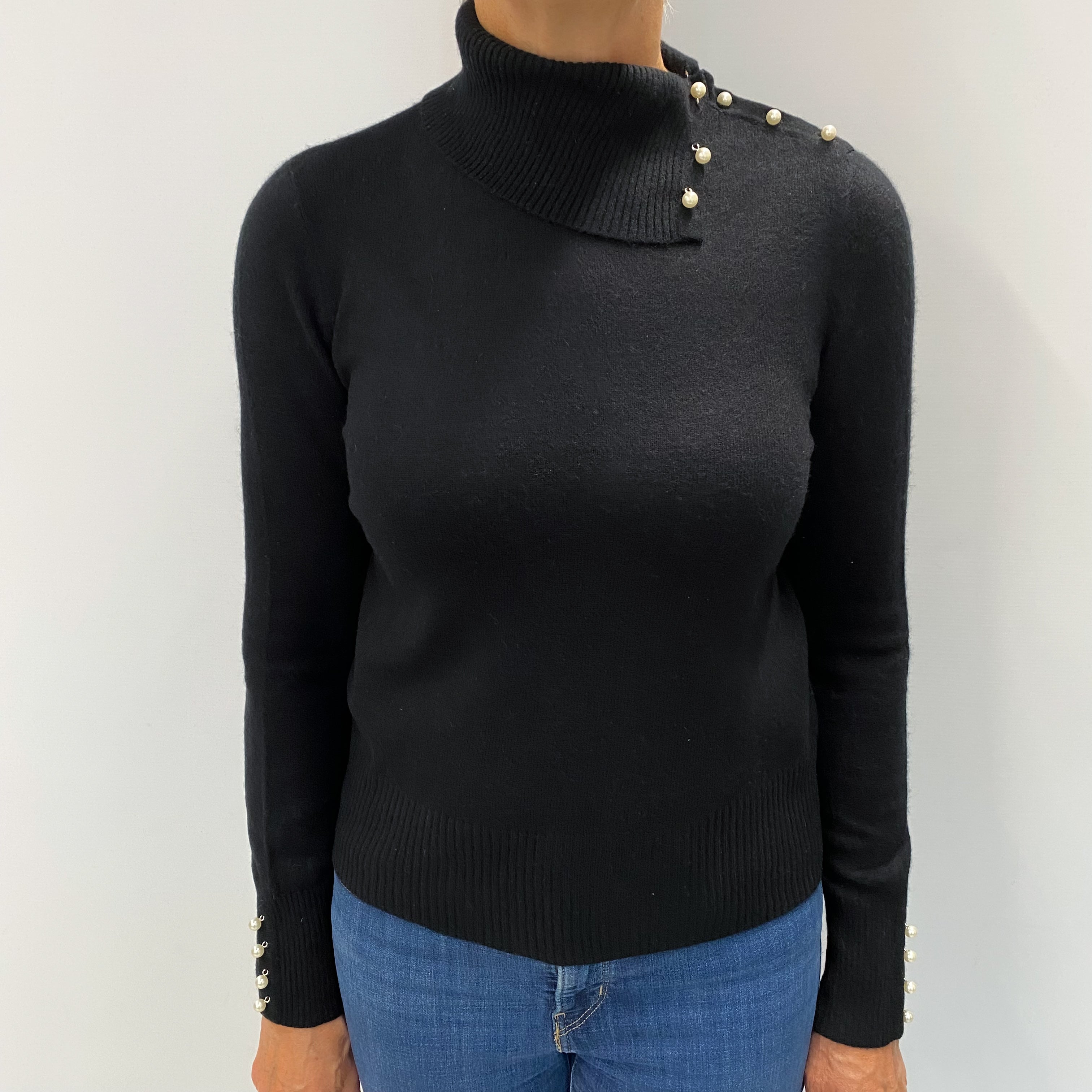 Black Cashmere Split Polo Neck Jumper Medium