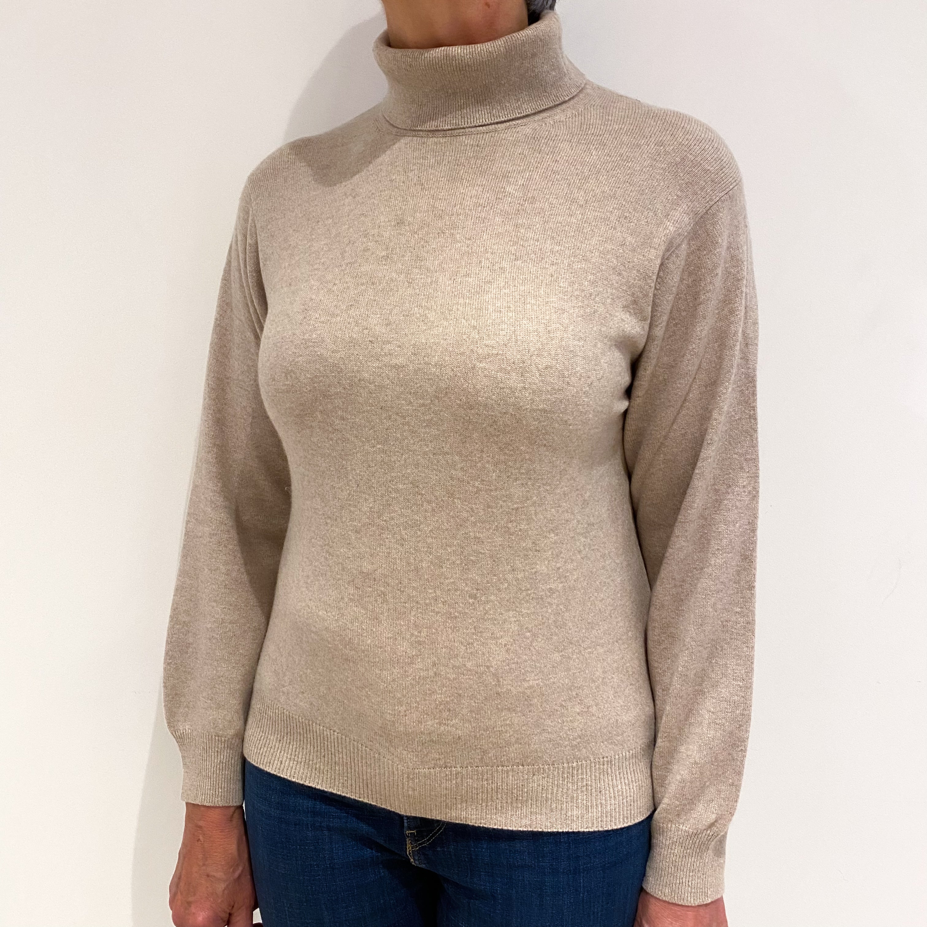 Oatmeal Beige Cashmere Polo Neck Jumper Medium
