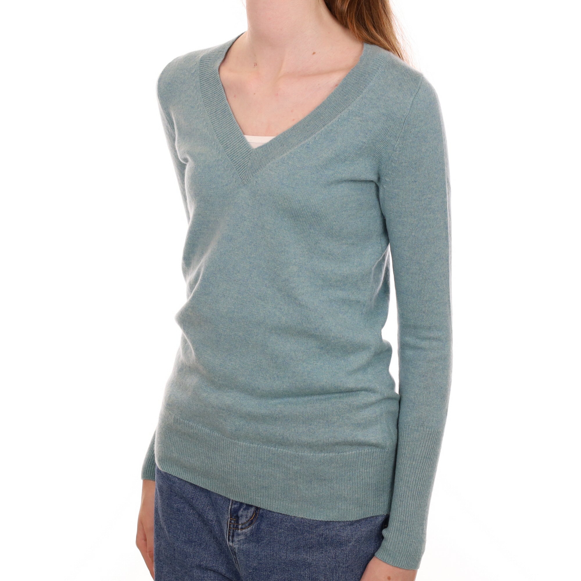 Duck Egg Blue Cashmere V Neck Jumper Extra Small