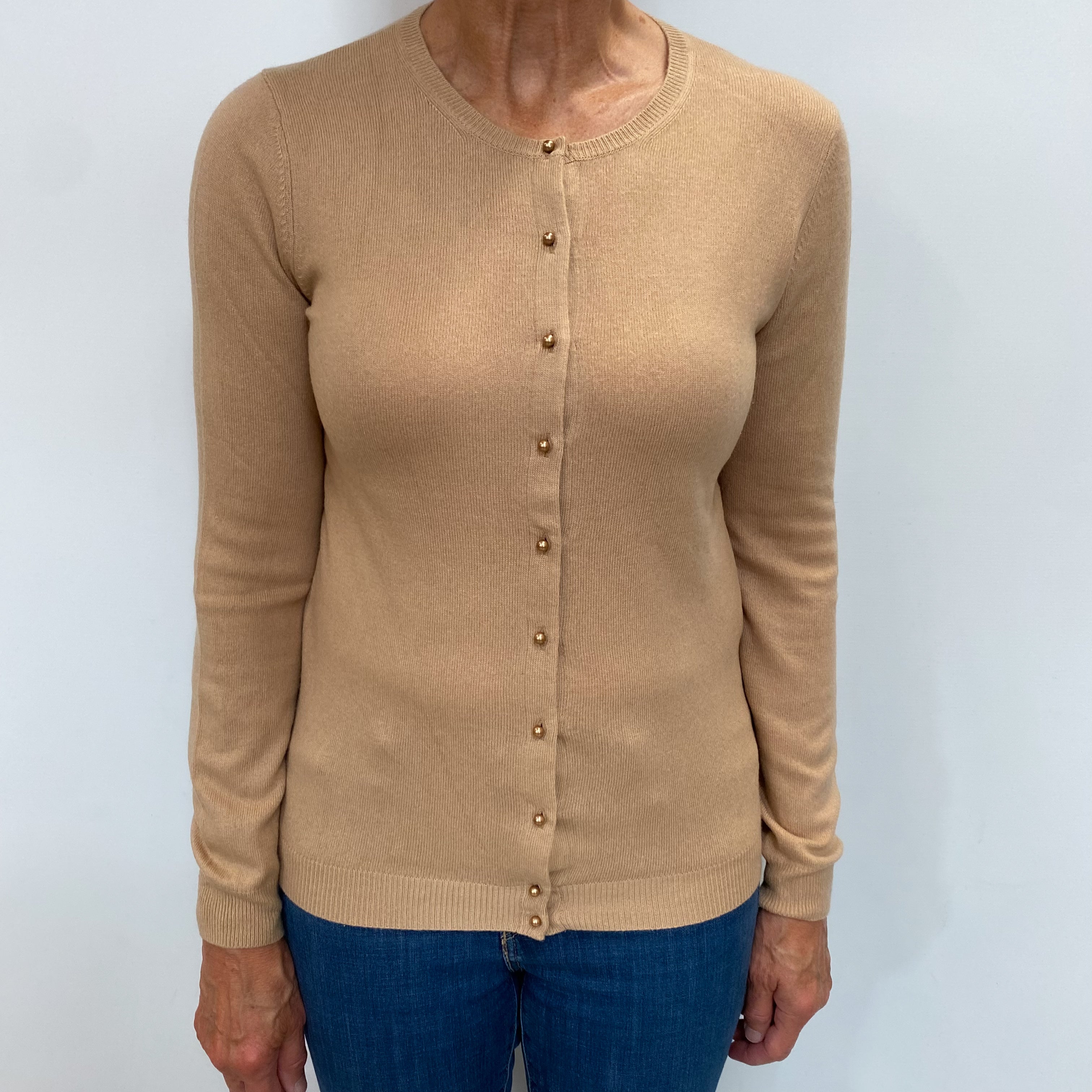 Caramel Brown Cashmere Crew Neck Cardigan Medium