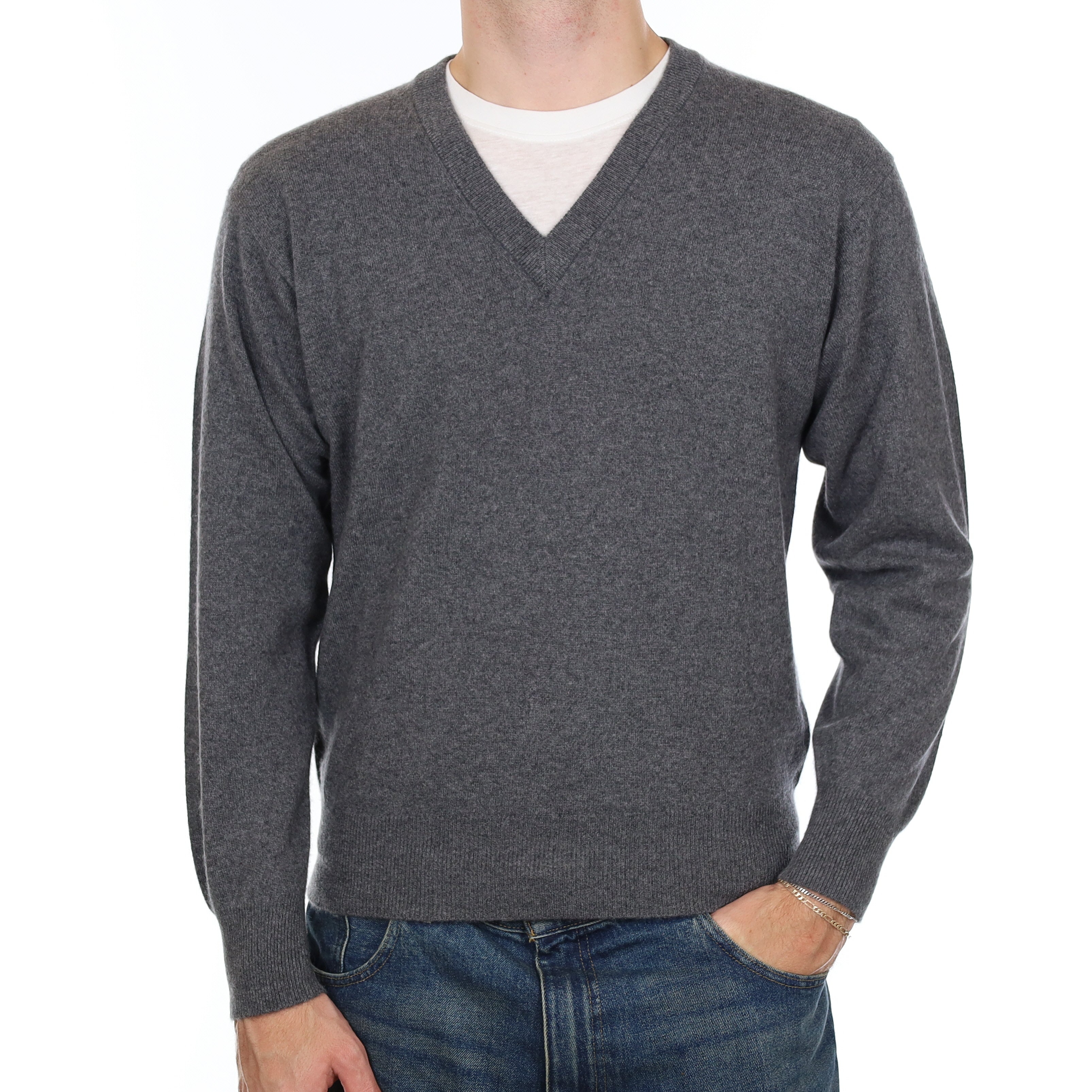 Men’s Granite Grey Cashmere V Neck Jumper Medium