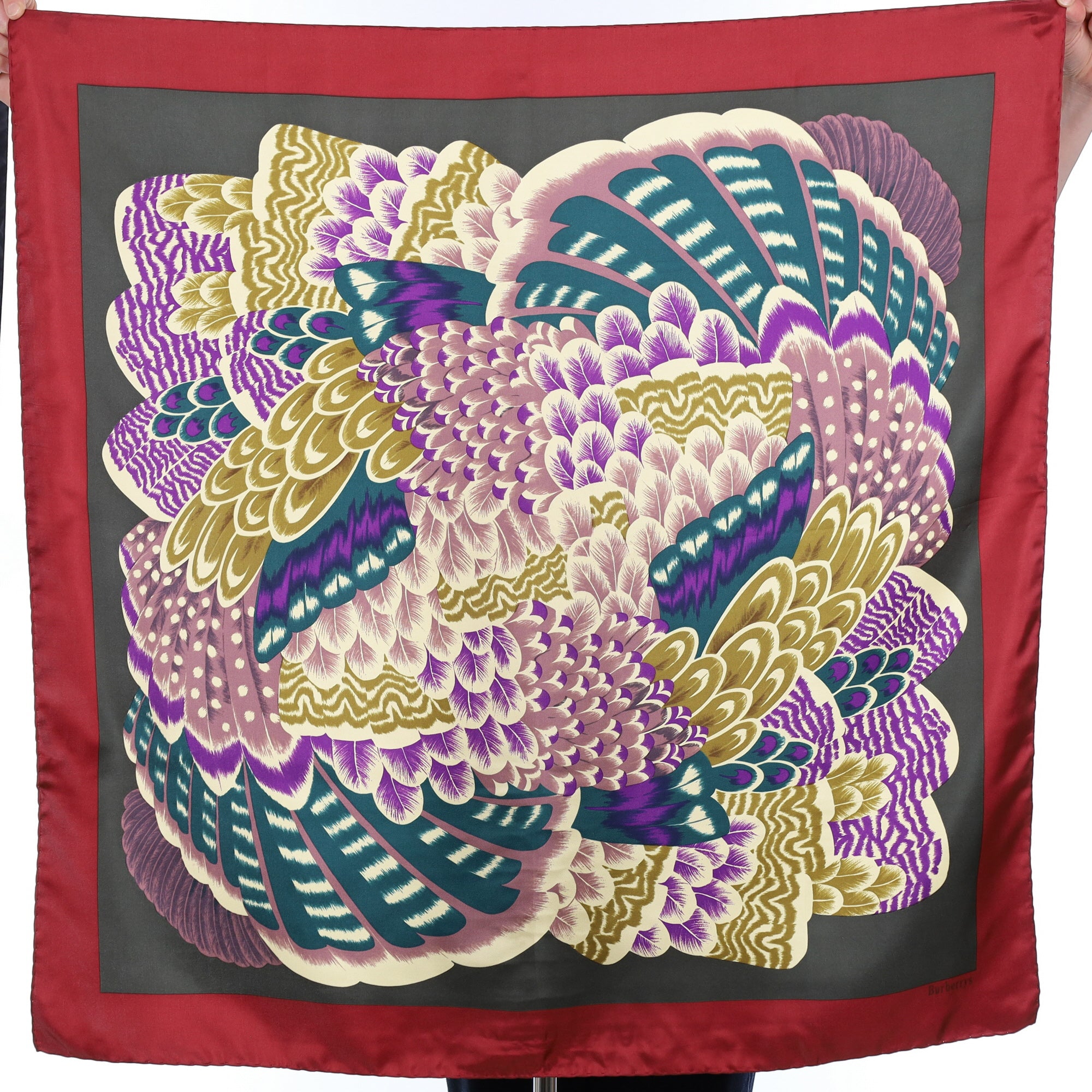 Immaculate Burberrys Vintage Abstract Feathers Silk Scarf