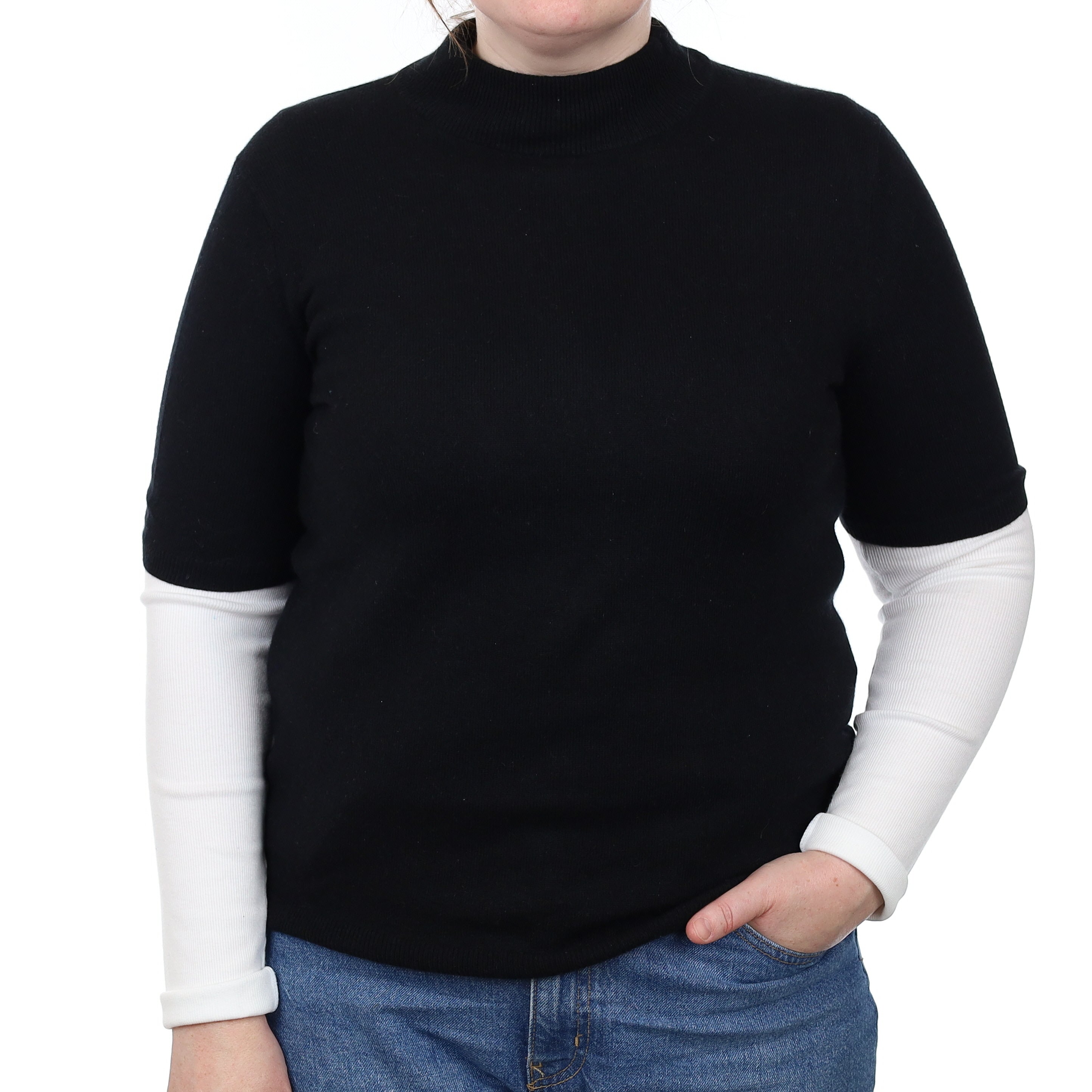 Black Cashmere Short Sleeved Turtle Neck Jumper Large