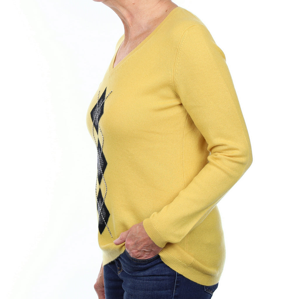 Pineapple Yellow Diamond Cashmere V Neck Jumper Medium