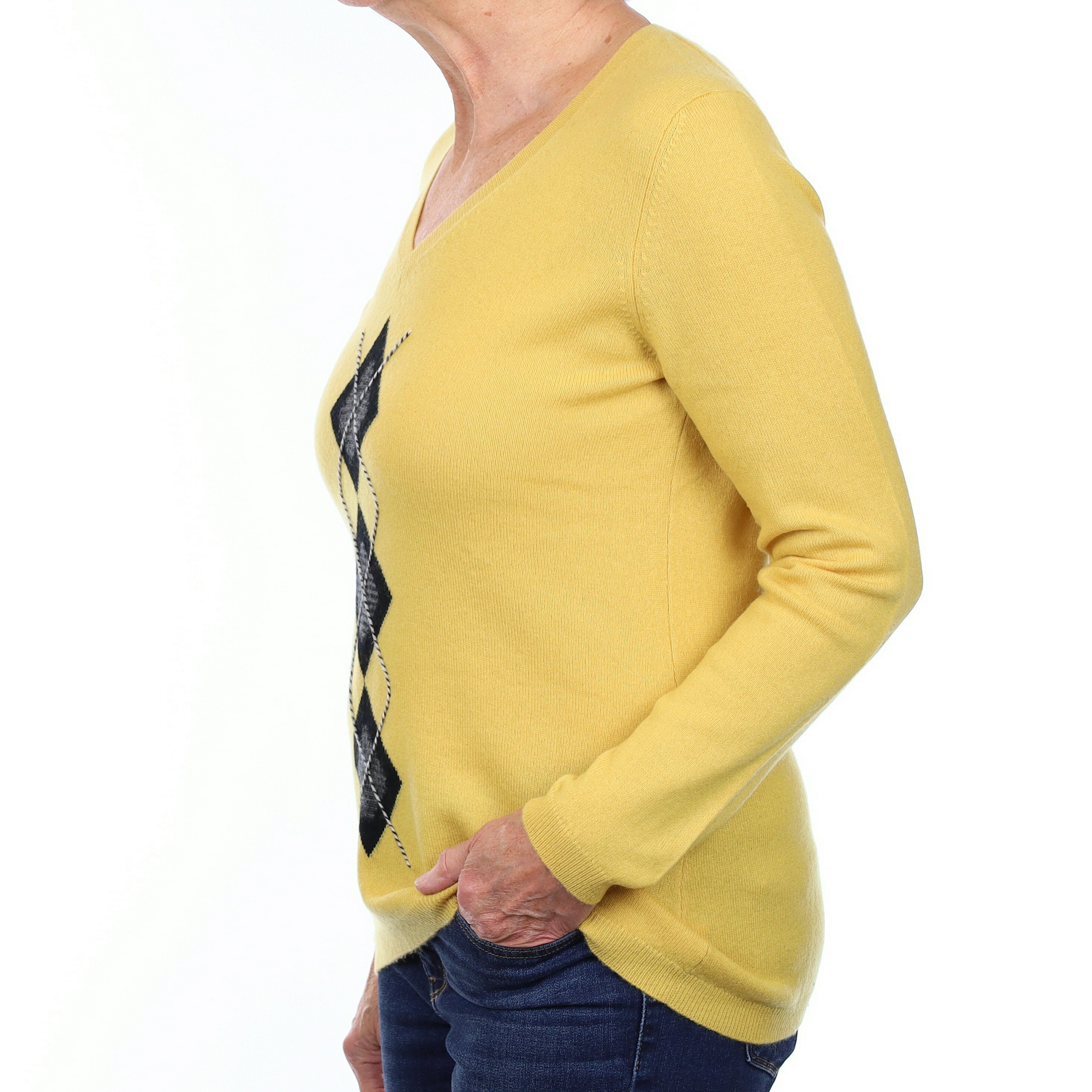 Pineapple Yellow Diamond Cashmere V Neck Jumper Medium