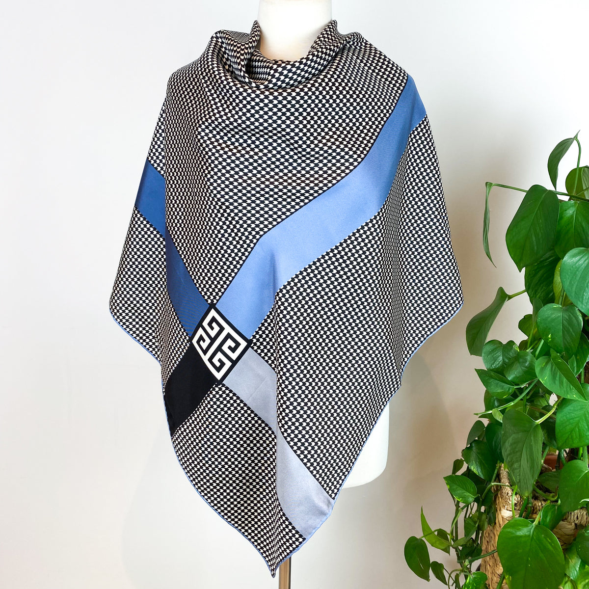 Striking Black Dog Tooth Check Silk Scarf