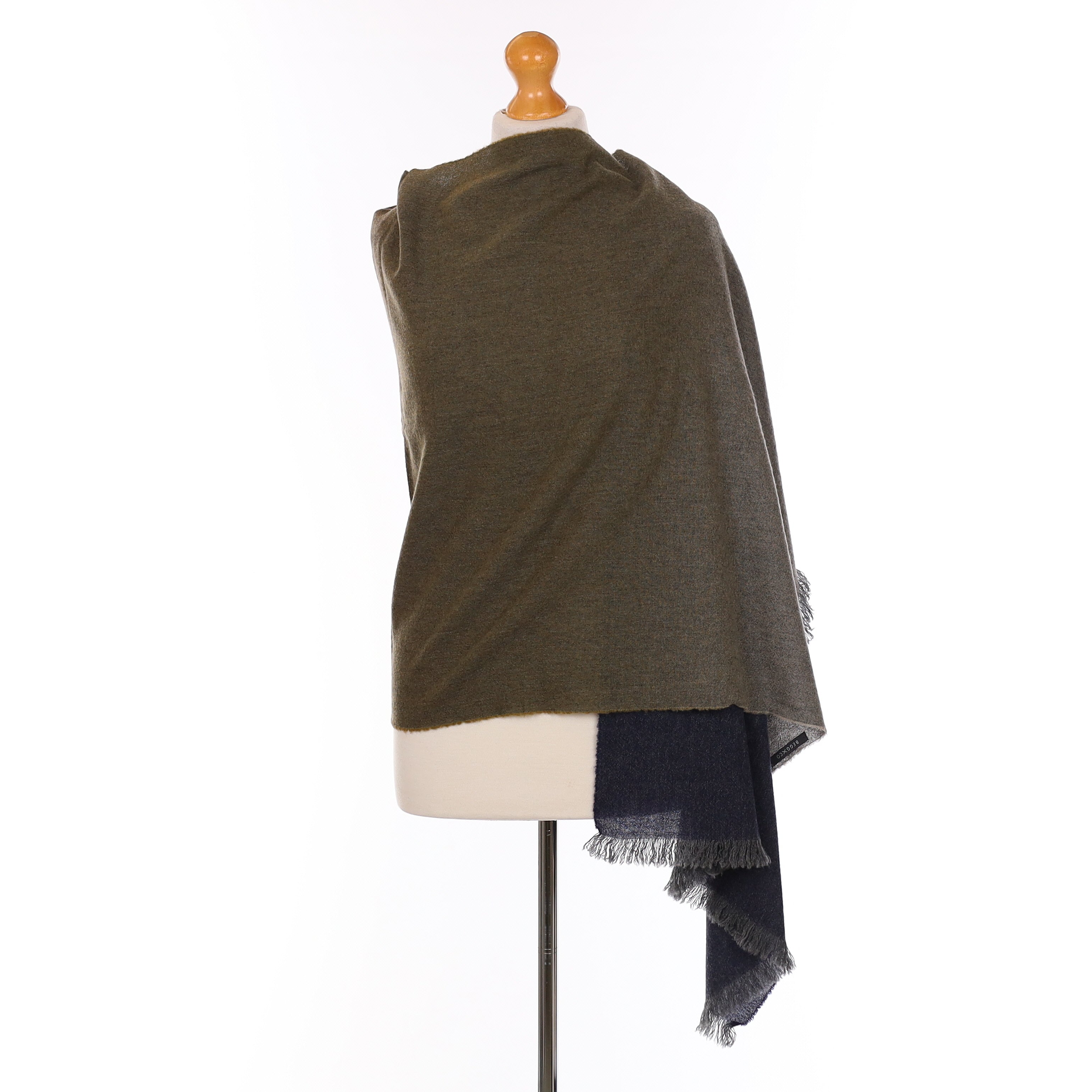 Brand New Begg & Co Navy and Khaki Ombré Cashmere Woven Wrap