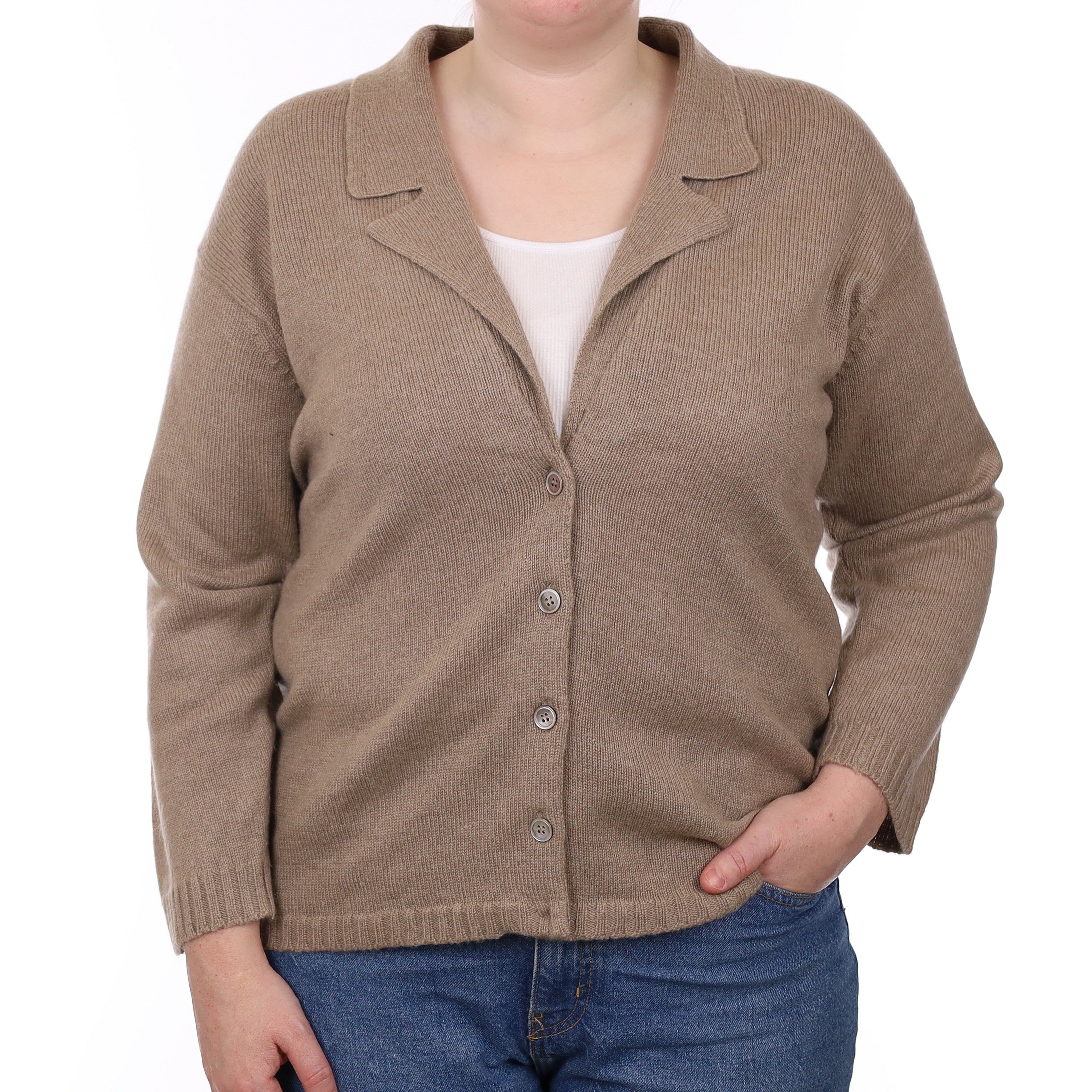 Taupe Brown Heavy Knit Cashmere Collared Cardigan Large