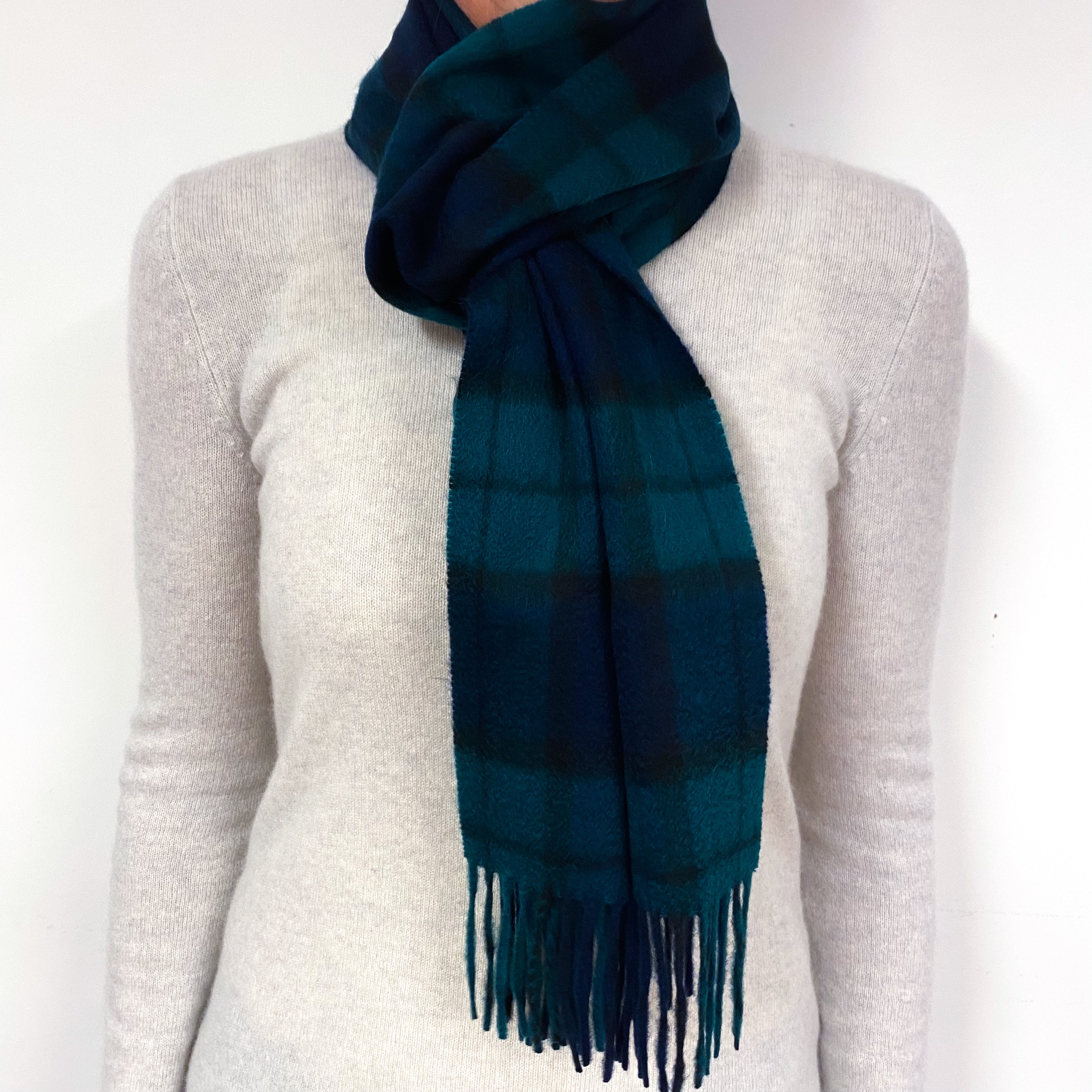 Brand New Navy Blue and Forest Green Tartan Cashmere Fringed Woven Scarf