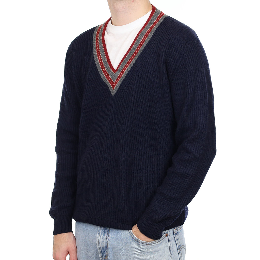 Men's Scottish Navy Chunky Ribbed Cashmere V Neck Jumper Medium