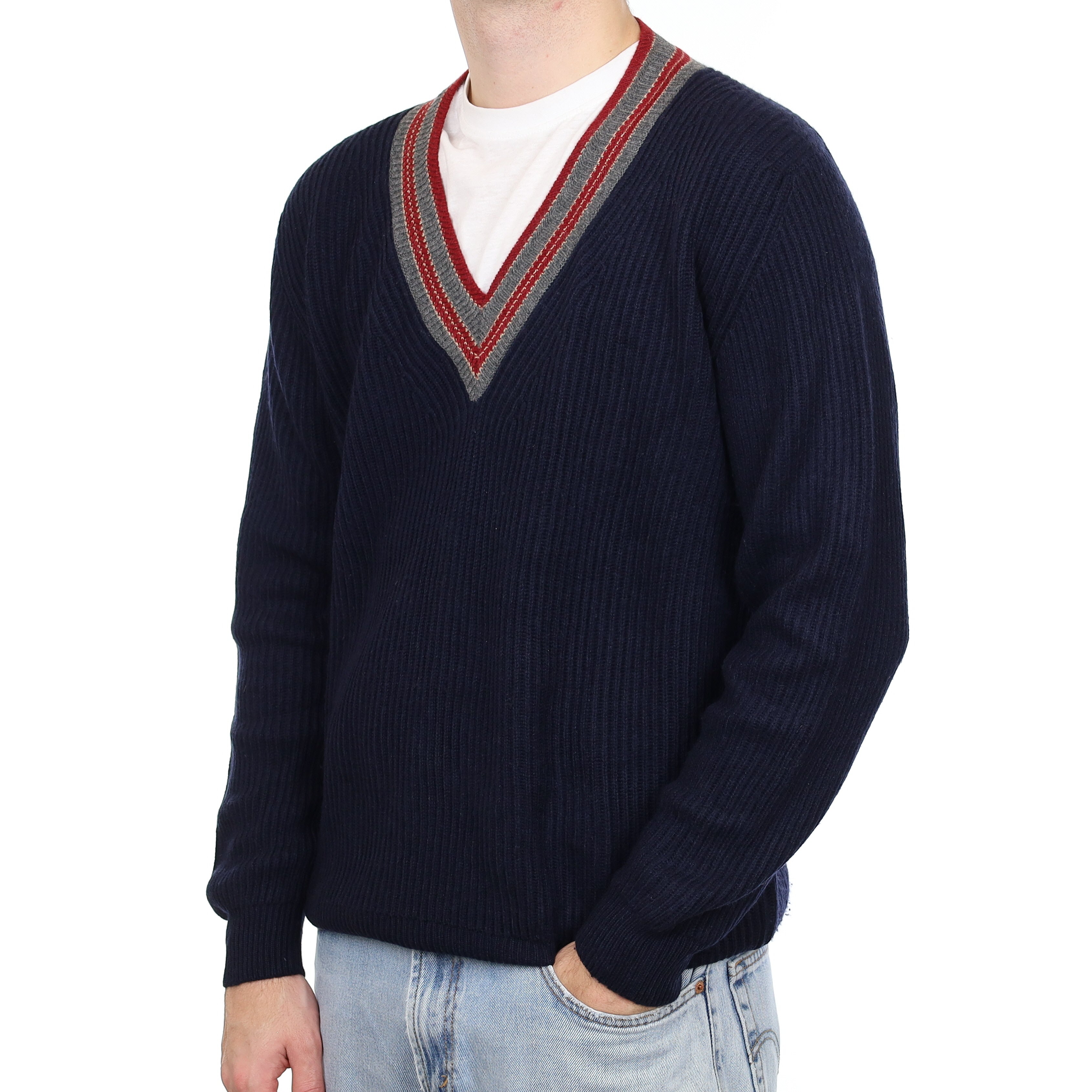 Men's Scottish Navy Chunky Ribbed Cashmere V Neck Jumper Medium