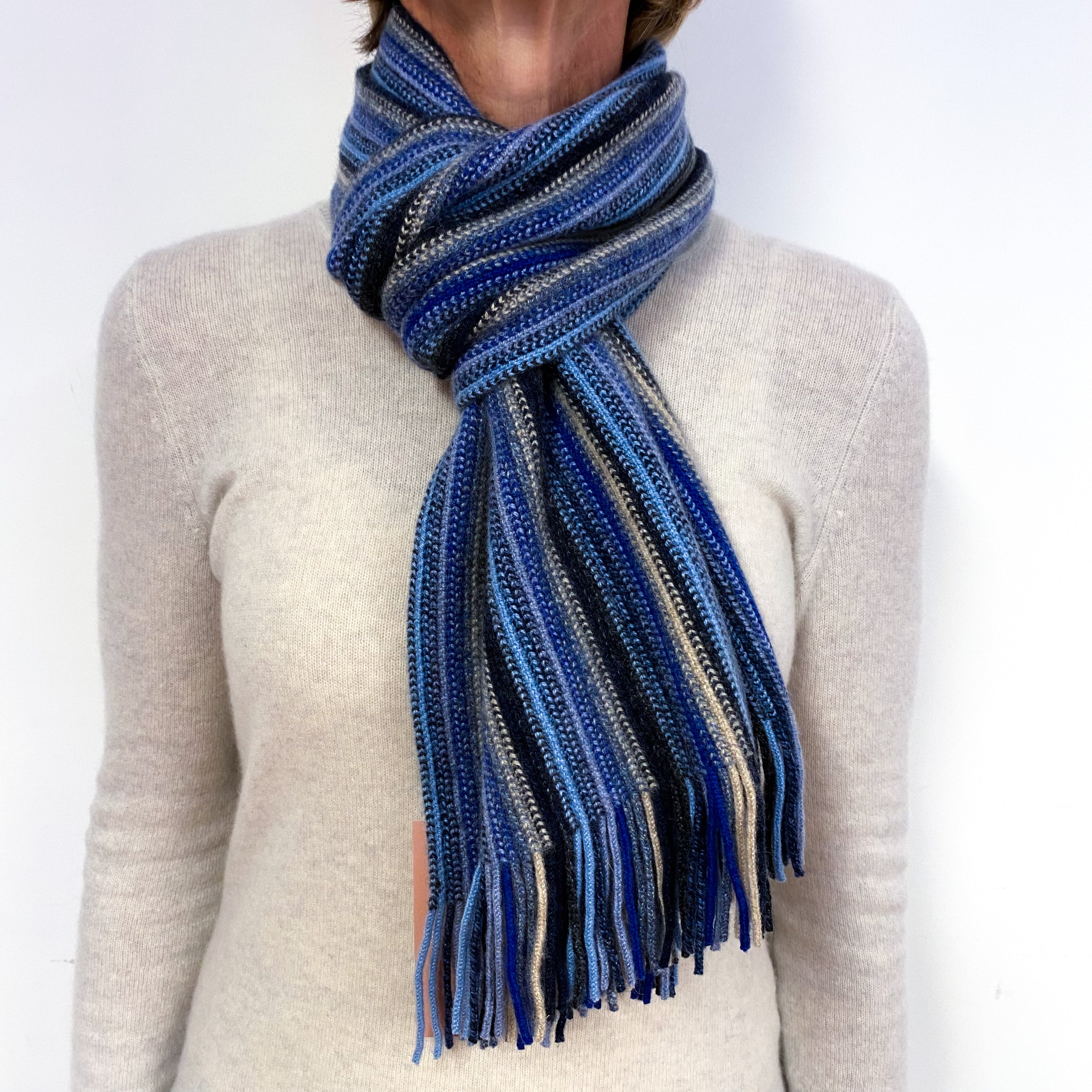 Blue and Beige Stripe Fringed Cashmere knitted Scarf