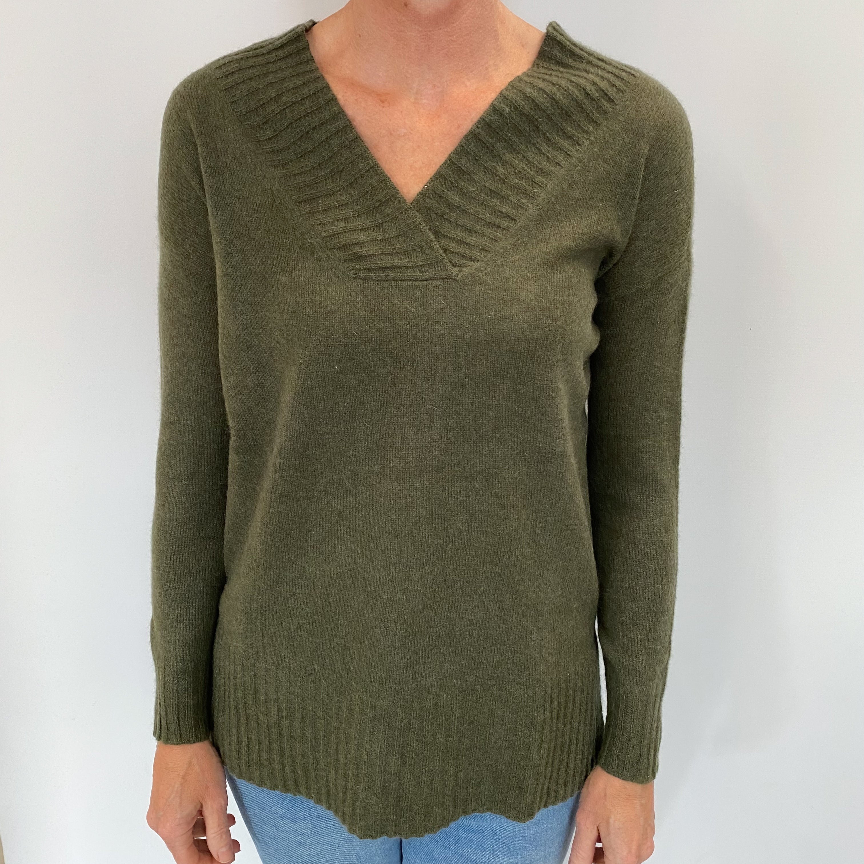 Khaki Green Cashmere V Neck Jumper Small