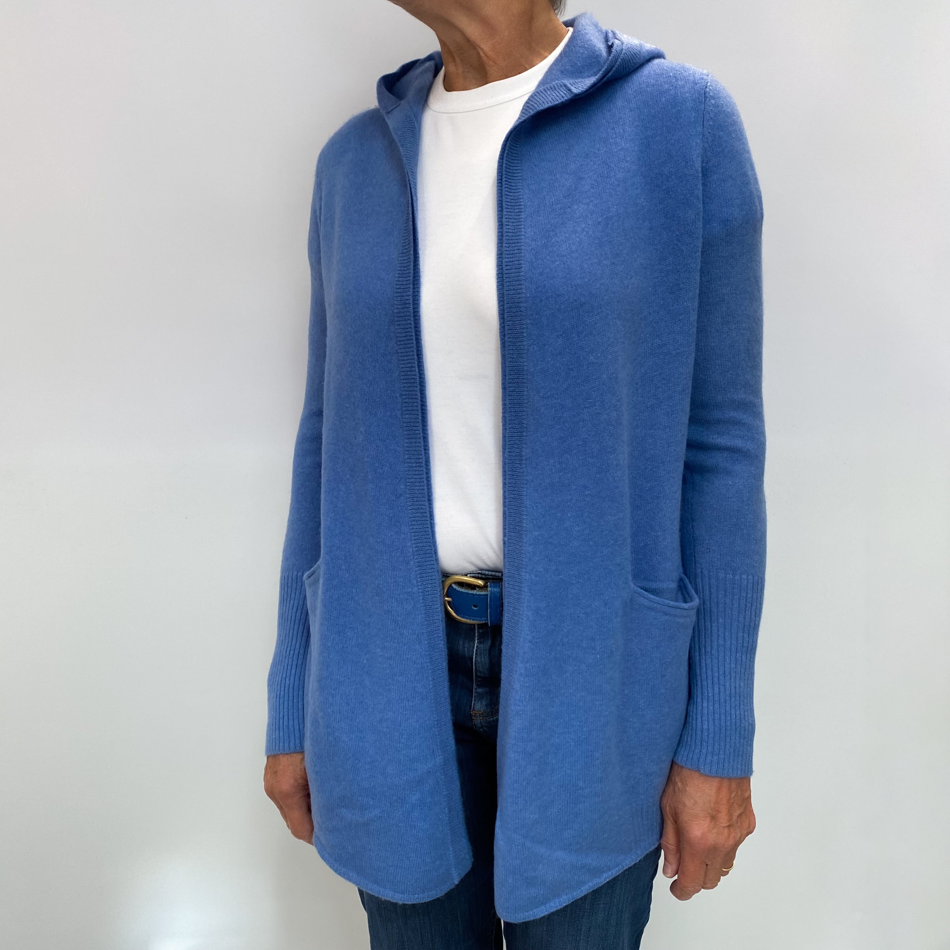 Denim Blue Cashmere Edge To Edge Hooded Cardigan Medium