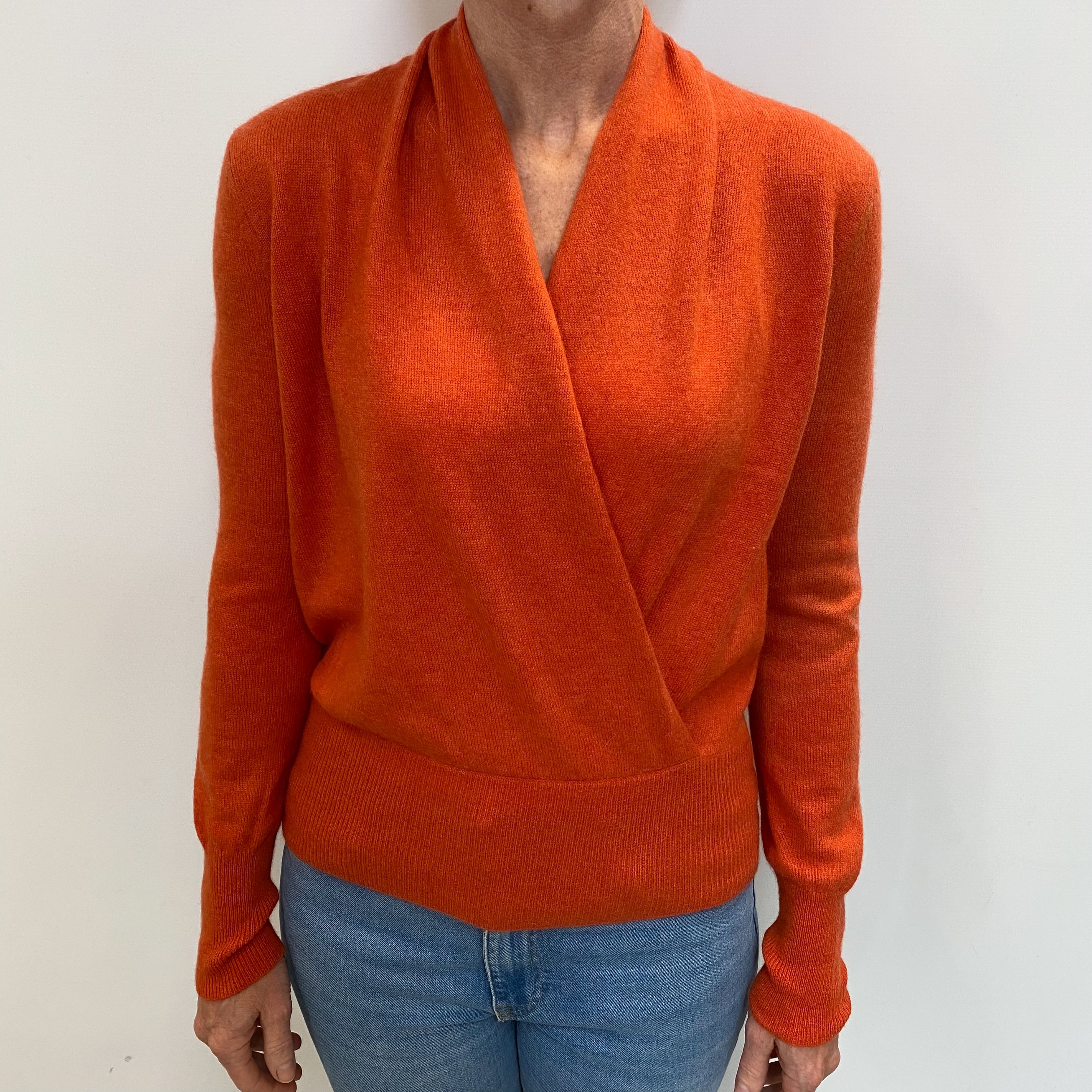 Pumpkin Orange Cashmere Crossover V-Neck Jumper Small