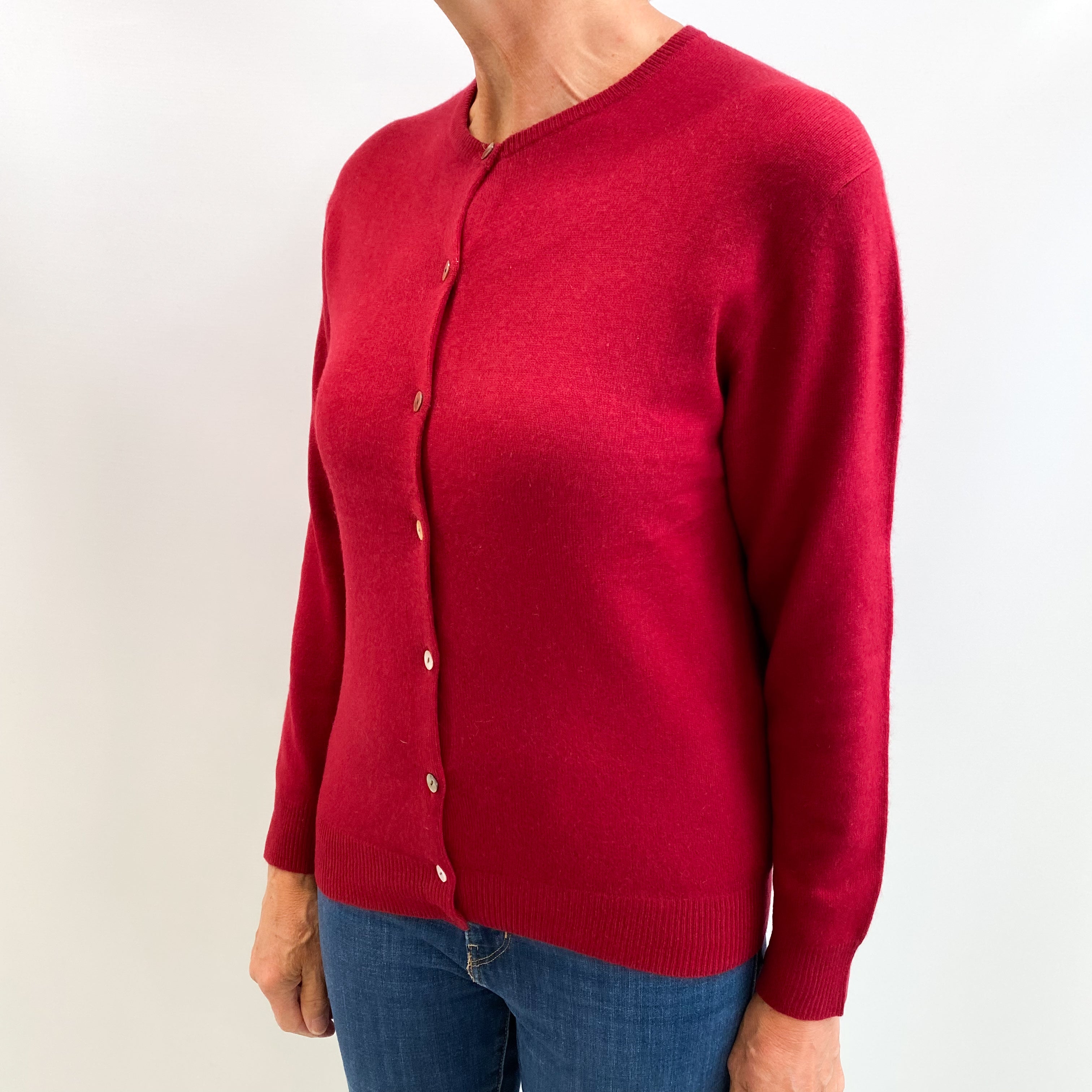 Crimson Red Cashmere Crew Neck Cardigan Medium