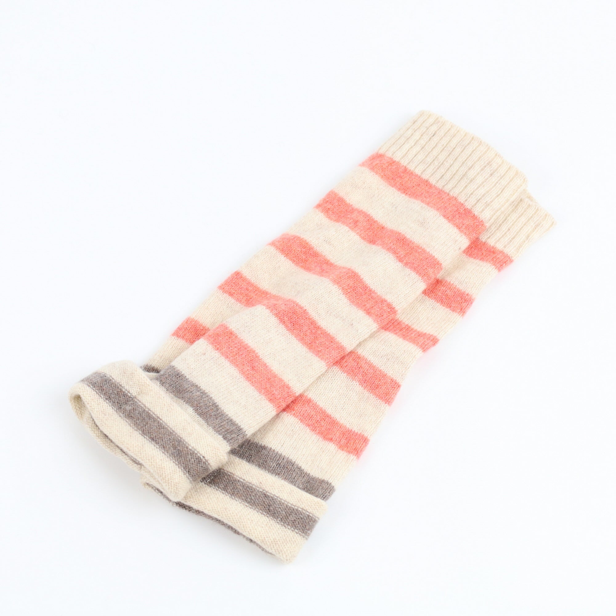 Oatmeal, Taupe and Coral Striped Fingerless Gloves
