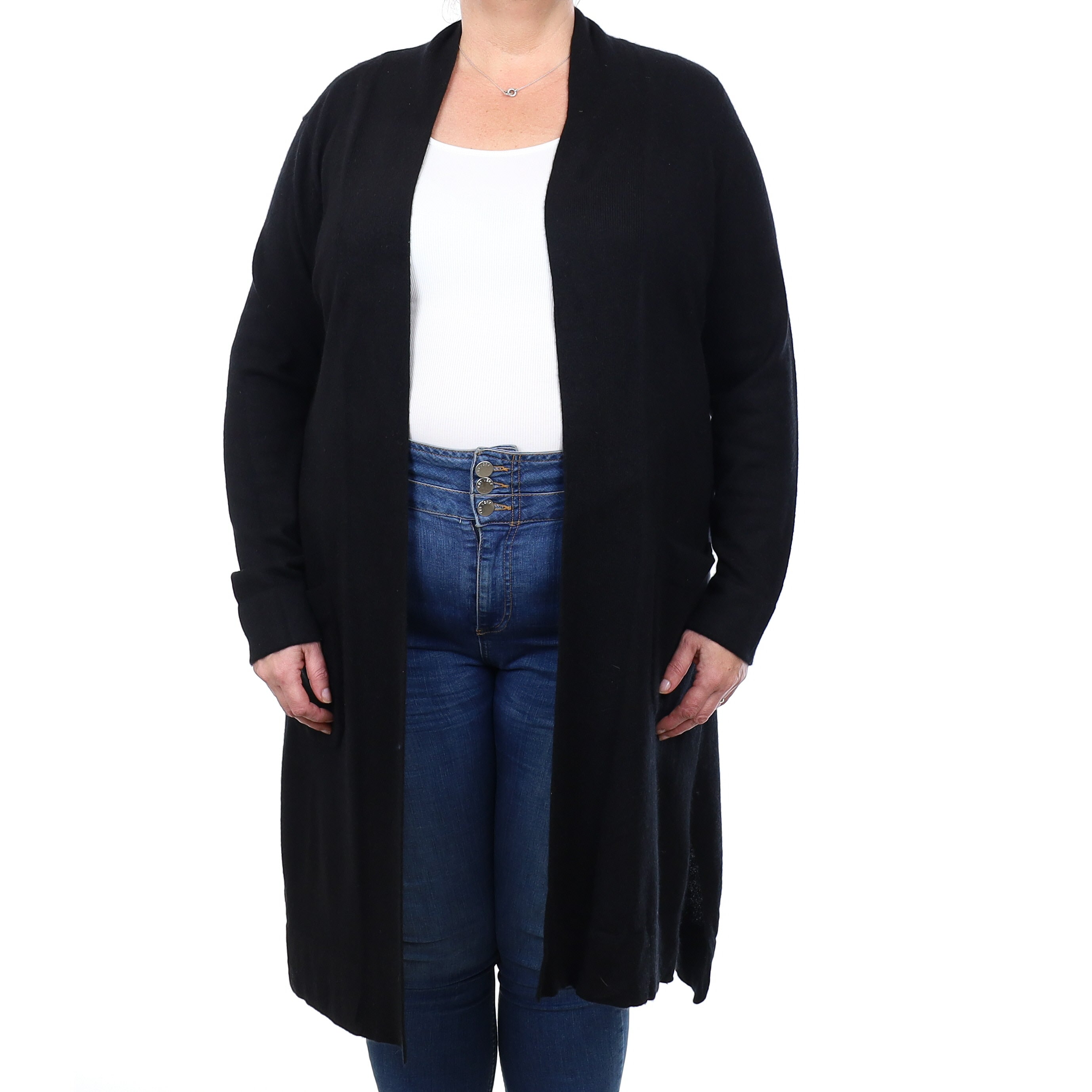 Black Cashmere Longline Edge to Edge Cardigan with pockets Extra Large