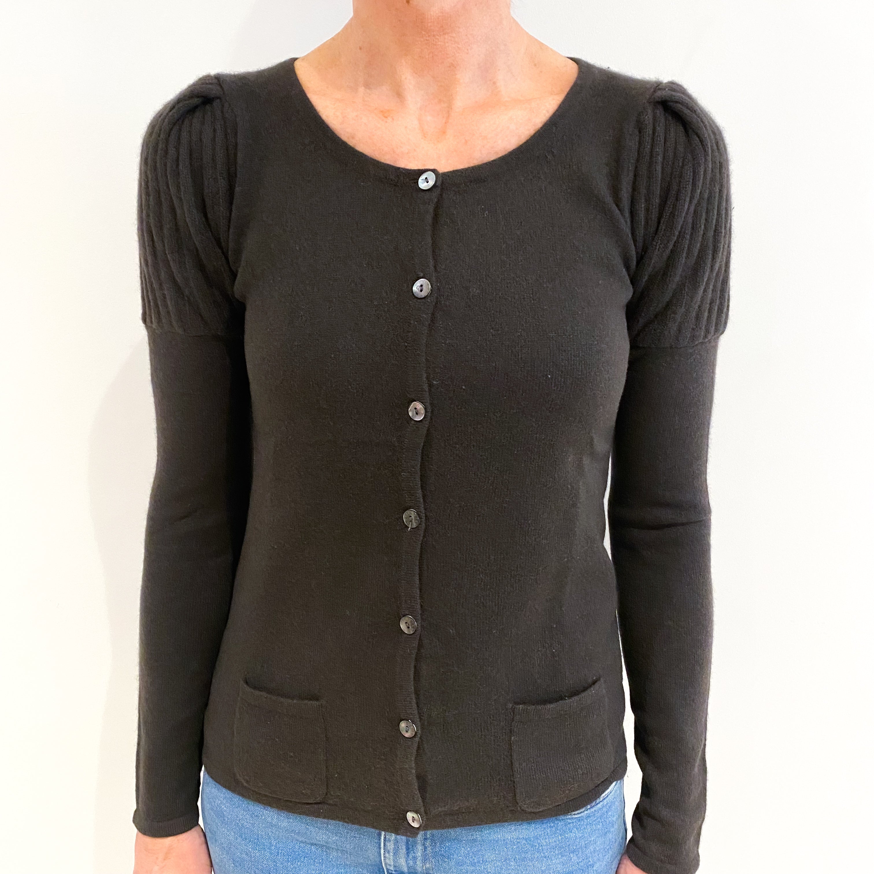 Mole Brown Cashmere Crew Neck Cardigan with Pockets Small